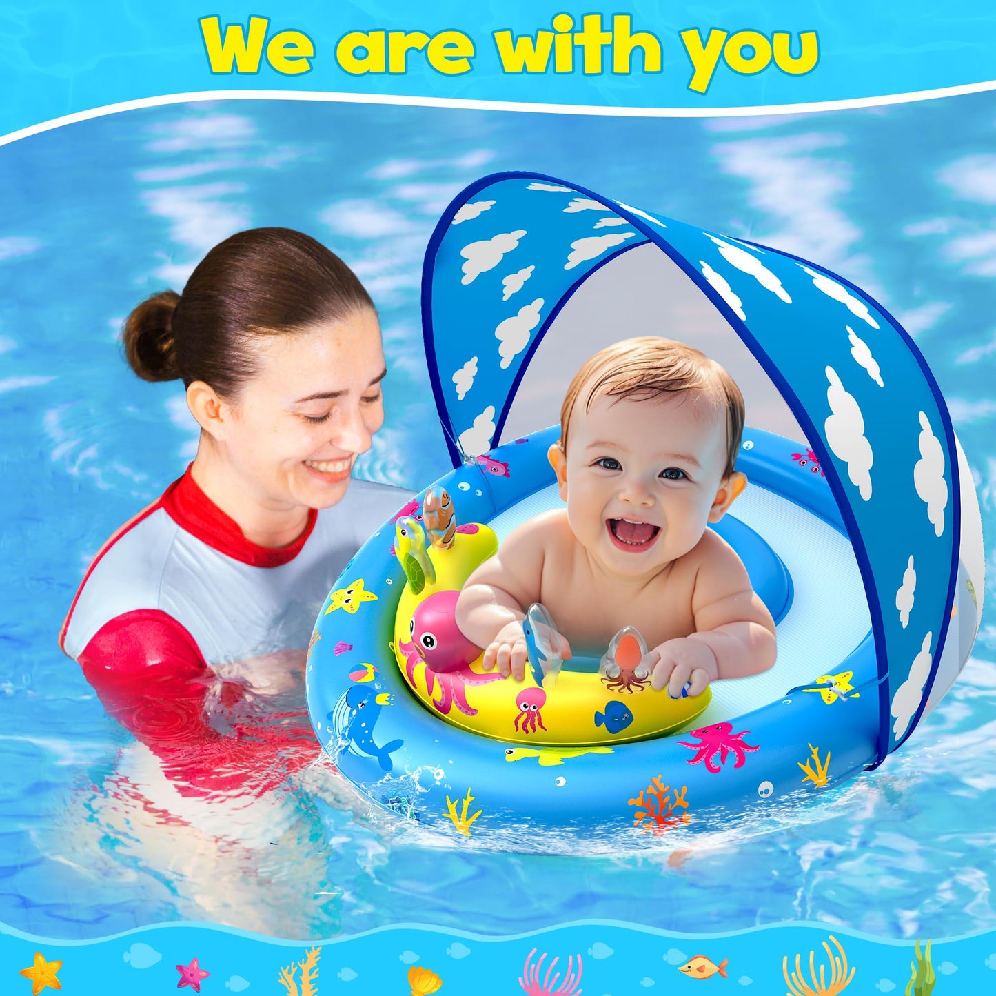 ZIZZ Baby Pool Float with Canopy - Inflatable Baby Swimming Float with UPF50+Sun Protection, Infant Pool Float with Toy Play Console Adjustable Seat for Boys Girls Toddler 6-36 Months