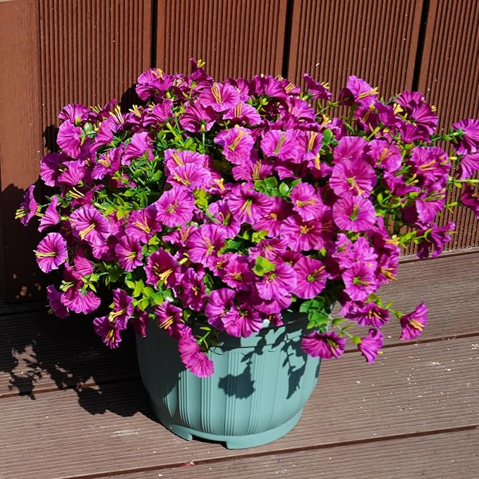 Artificial Flowers for Outdoors, UV Resistant Fake Silk Morning Glory, Realistic Faux Plants for Outside Porch Patio Window Box Hanging Planter (16, Fuchsia)