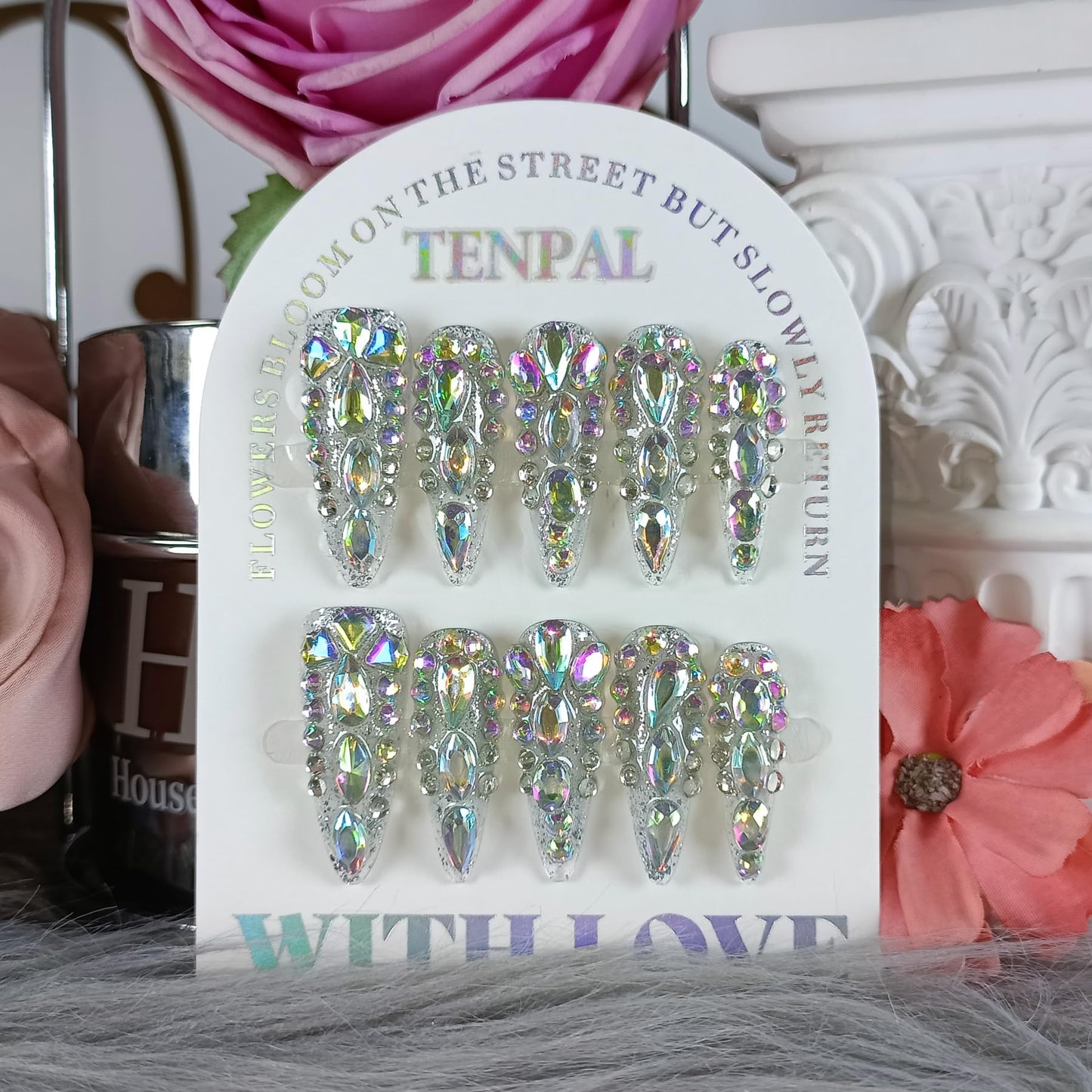 TENPAL 10Pcs Luxury Press On Nails Long Stiletto,Full Cover Crystal Glitter Fake Nail Set with Tools,Reusable Bride Wedding Nails for Bridal Party Bachelorette,Statement Making Glamorous Nail(L)