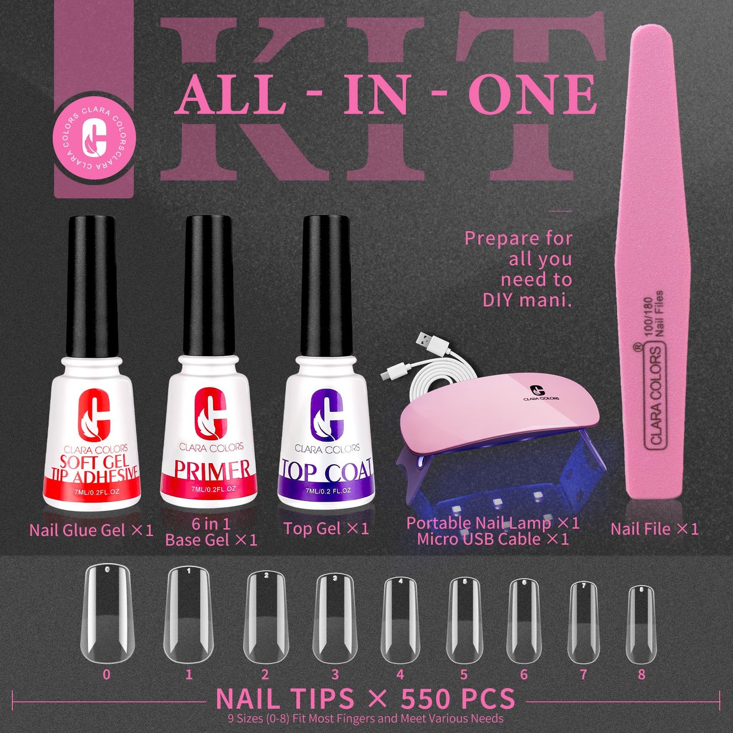 Clara Colors Nail Tips and Glue Gel Kit,550Pcs Full Cover Soft Gel Fake Nails Tips and Nail Glue Kit with LED Nail Lamp,Medium Square Artificial False Nails Tips for Acrylic Nail