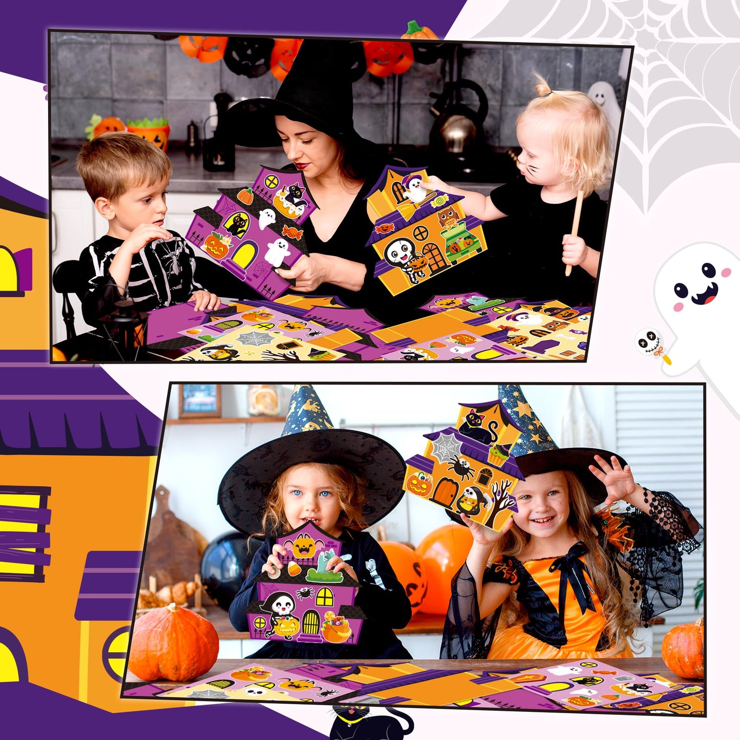 CY2SIDE Halloween Haunted House Stickers - 24 Set Make A Haunted House Craft Kits for Kids, DIY Halloween House Scene With Witch Sticker, Class Activity