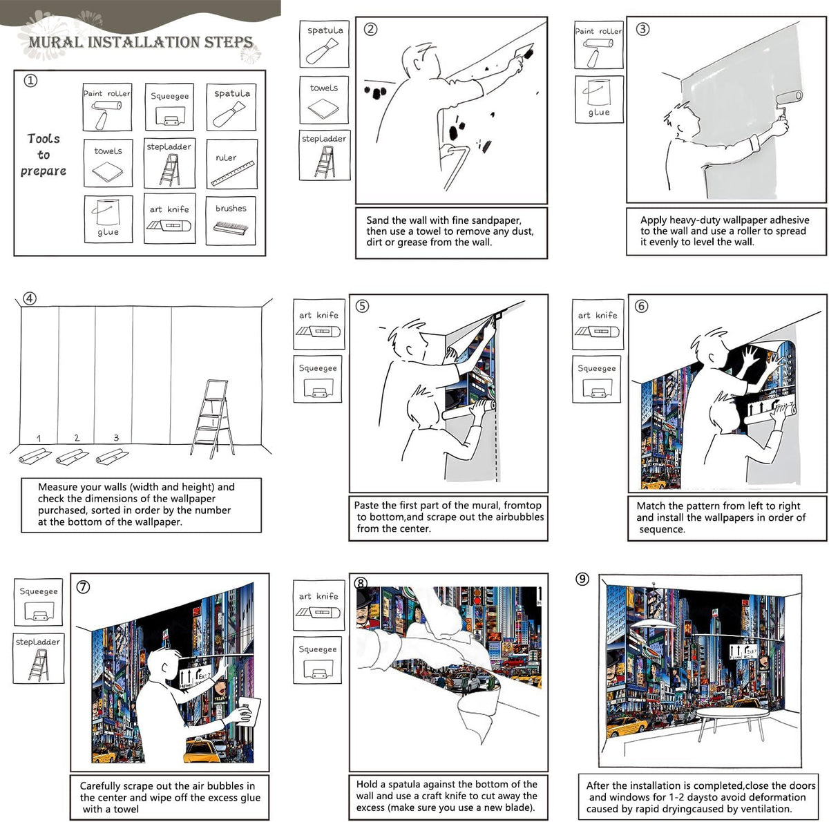 AFZEVEB-Hand-Painted New York City Wallpaper Wall murals for Bathroom 159"x107" (Not Peel and Stick)