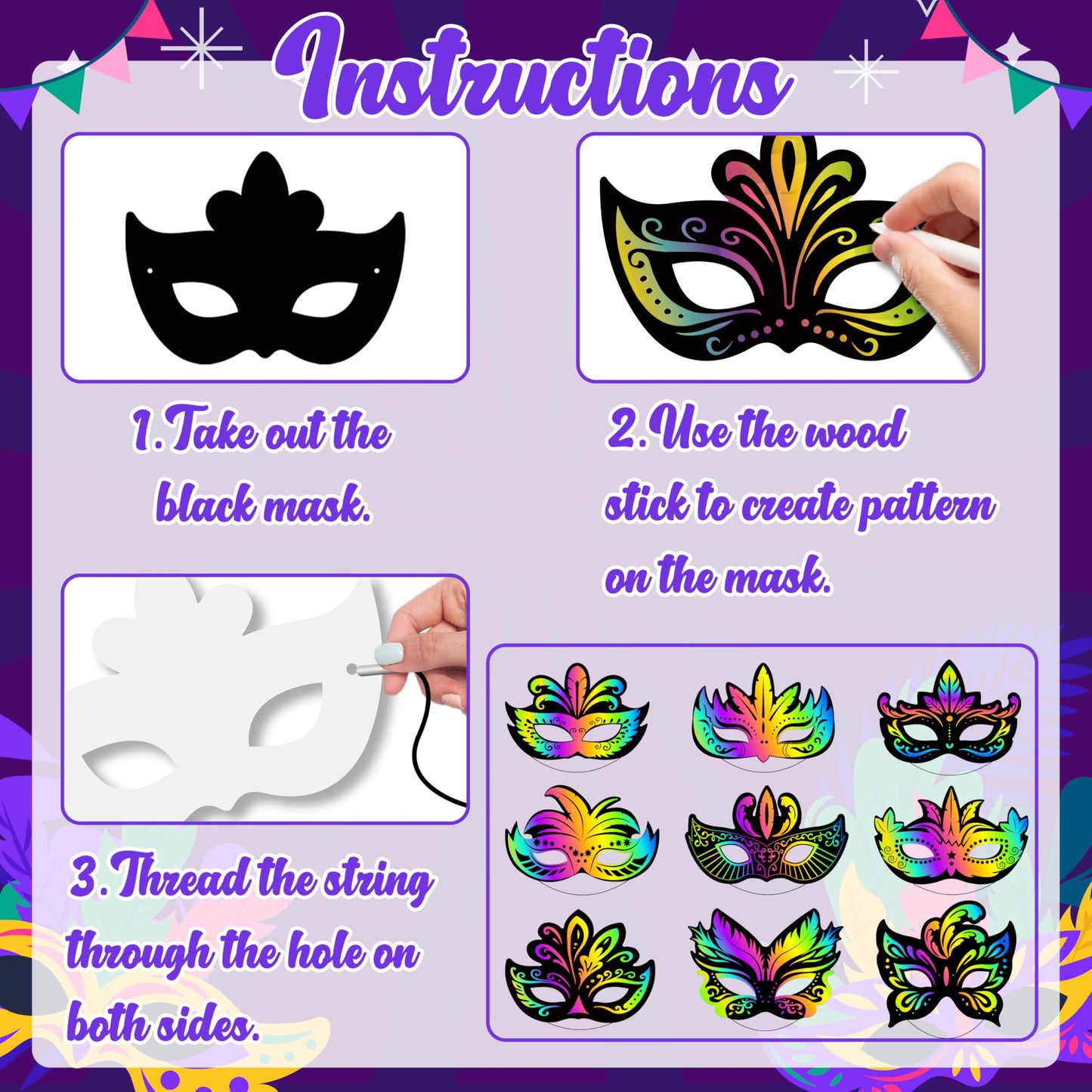90shine 60 Sets Black Scratch Masks Crafts Magic Craft Art Kit Masquerade Dress up Party Decorations Favors Activities Bulk