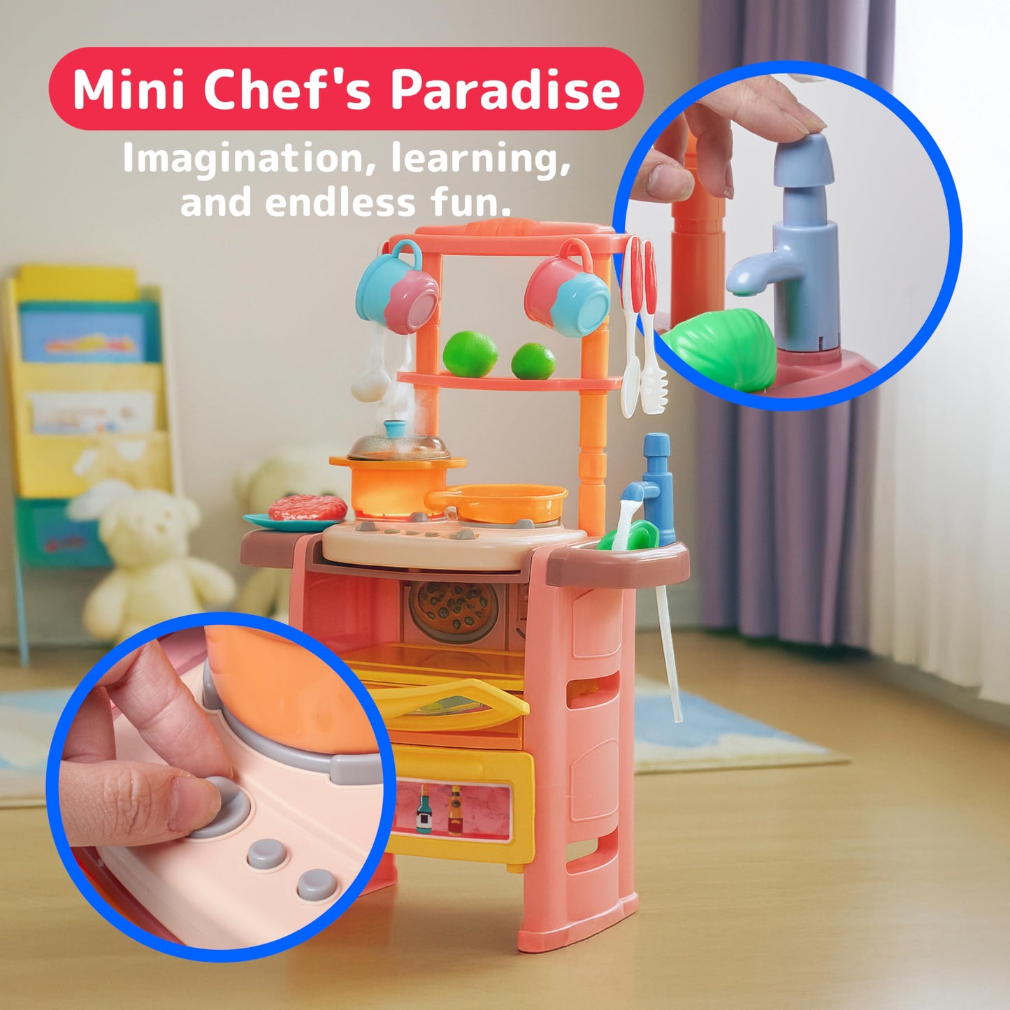 Prextex Plastic Pretend Girls Play Kitchen Set - Multi-Color Kitchen Playset with Dishwasher and Oven - Stove with Lights and Sounds - Working Faucet with Water Circulation