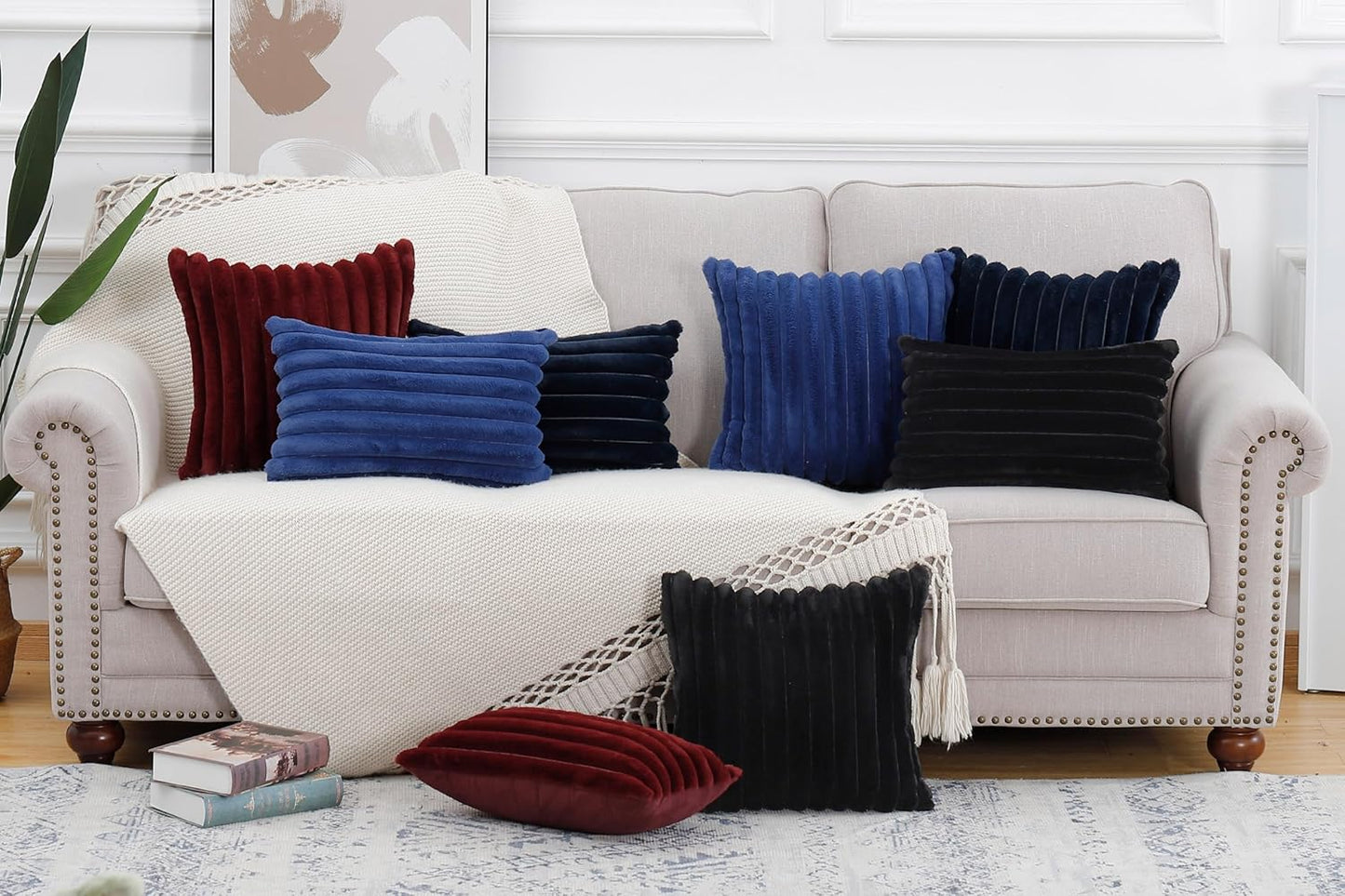 MADIZZ Set of 2 Faux Wool Plush Decorative Throw Pillow Covers 26x26 Inch Burgundy Fluffy Striped Soft Decorative Cushion Cover for Sofa Bedroom Pillow Shell