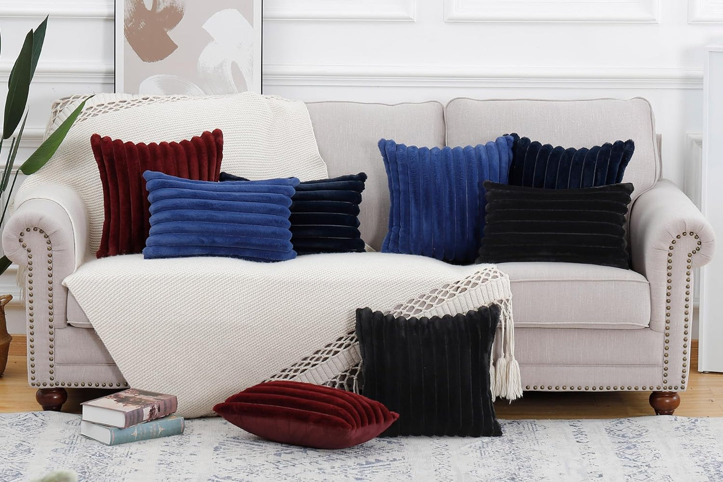 MADIZZ Set of 2 Faux Wool Plush Decorative Throw Pillow Covers 26x26 Inch Dark Blue Fluffy Striped Soft Decorative Cushion Cover for Sofa Bedroom Pillow Shell