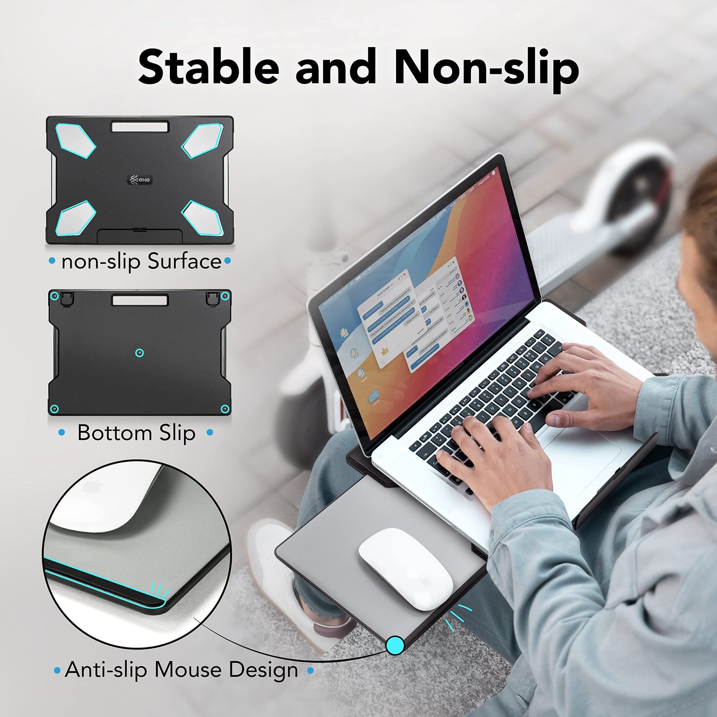 EHO Laptop Lap Desk with Retractable Mouse Pad, Portable Ergonomic Lap Pad with Heat Shield and Foldable Stopper, Lightweight Travel Lapdesk Fits up to 16" Laptops, Bed Sofa or Work Use