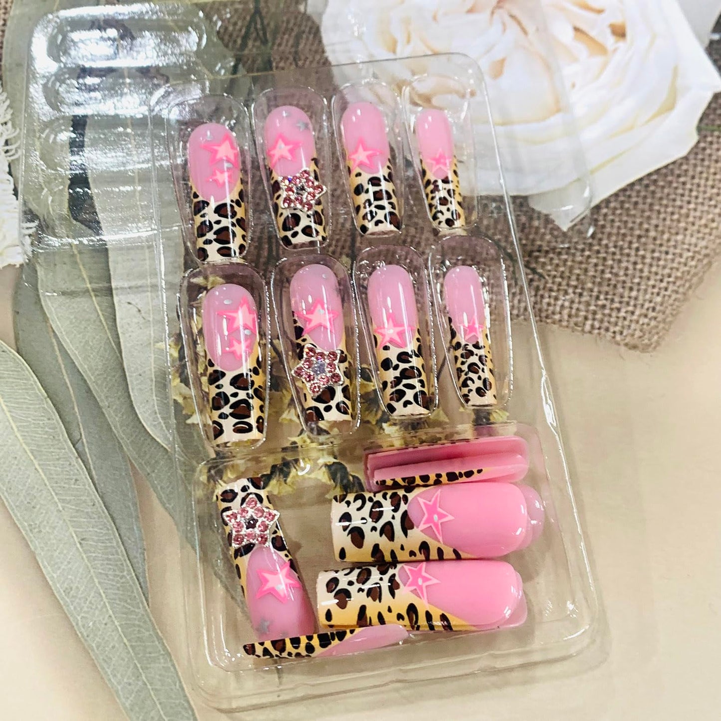 FIEONCIY Press on Nails Long Coffin Shaped Acrylic Glossy Full Cover Long Square French False Nails with Designs Artificial Extra Long Fake Nails with Charms Glue ons Fingernails for Women(XL10256)