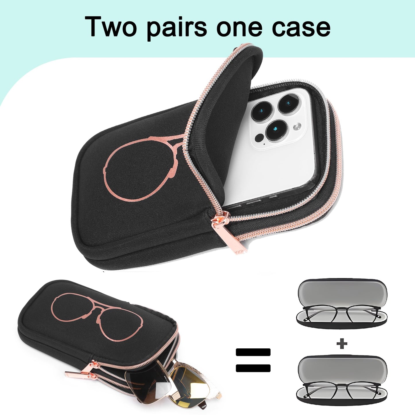 Nabevin KKP Double Eyeglass Case | Sunglasses Cases with 2 Compartments (Black/Gold)