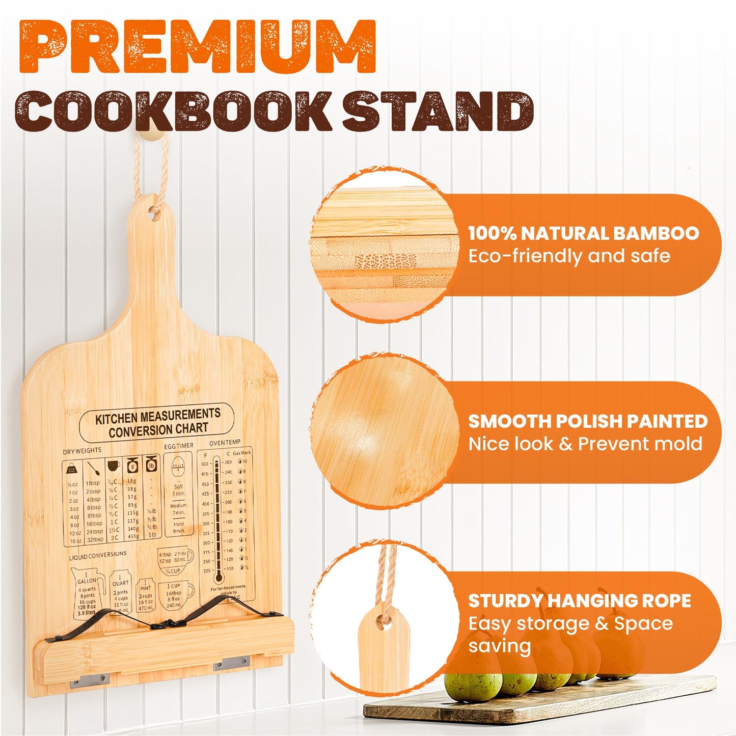 [Upgraded] Adjustable Bamboo Cookbook Stand with 7-Angles, Conversion Chart, Page Grips, Recipe Cookbook Holder for Kitchen Counter, Kitchen Book Stand for Cookbook, Textbook, Tablet, Gift for Women