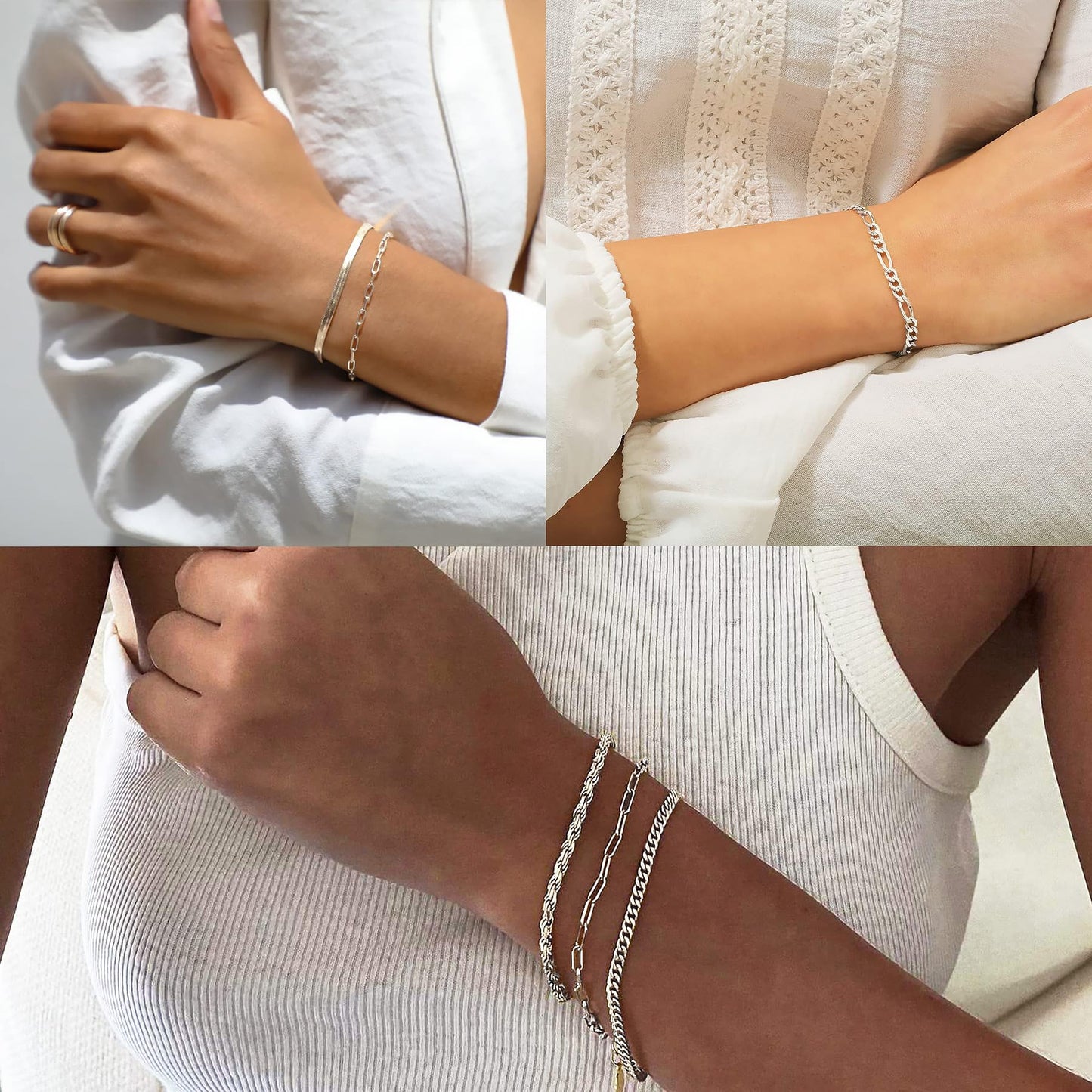 DEARMAY Silver Plated Chain Bracelets for Women Trendy Silver Jewelry Set Cuban Link Bracelets Figaro Paperclip Rope Herringbone Bracelet Pack Gifts