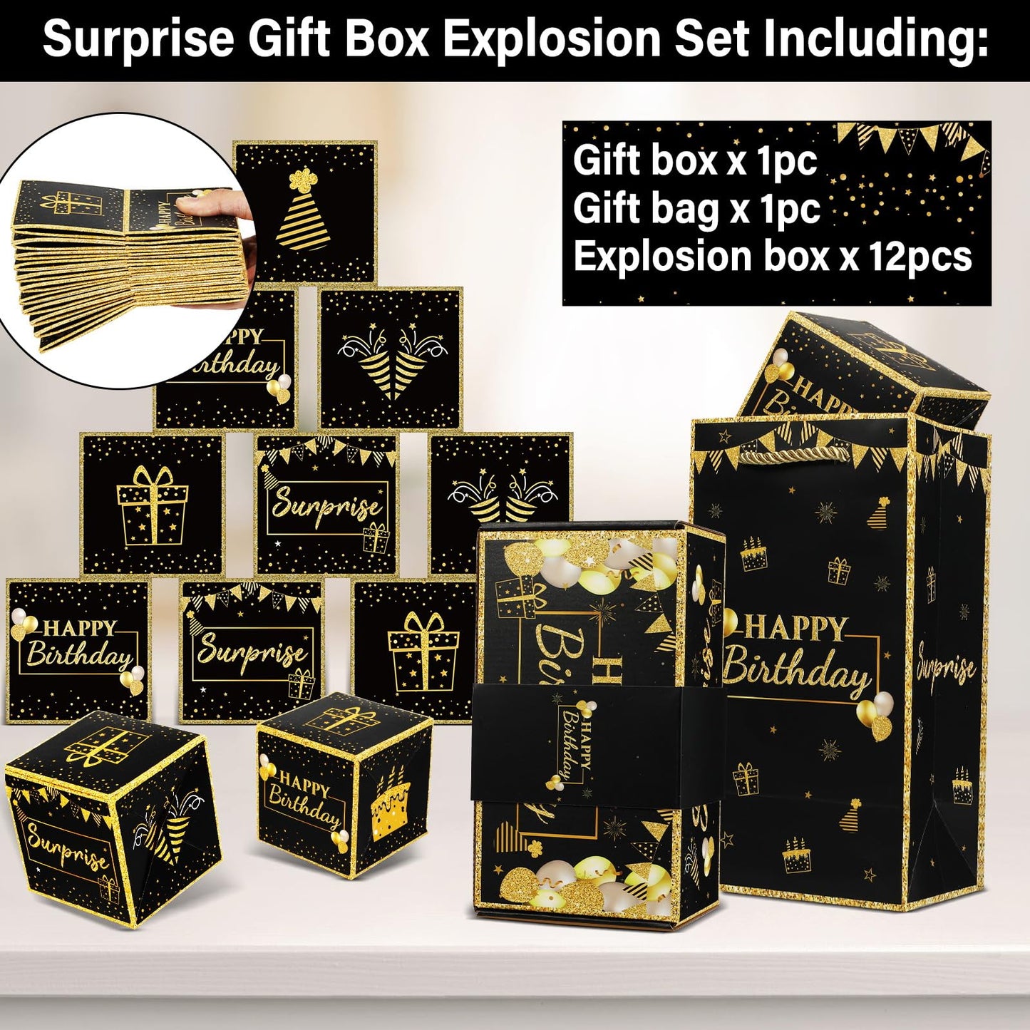 Jacyan Birthday Surprise Gift Box Explosion for Money, Exploding Money Gift Box for Cash Pop up Birthday Money Explosion Box Surprise Party Gift 12 Folding Bounce Boxes for Men Women Kids, Black Gold