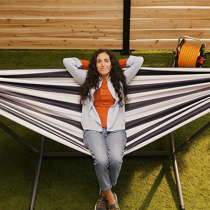 Vivere Double Sunbrella Hammock with Space-Saving Steel Stand, Heavy-Duty Portable Outdoor Hammock Set for Backyard, Patio, or Travel, Harbor