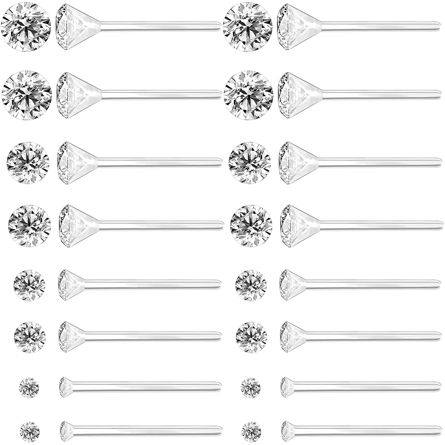 OwlkOrmy 8 Pairs Anti Allergy Plastic Earrings for Sensitive Ears & Include 8 Pairs Silicone Soft earring backs, Birthstone Cubic Zirconia Stud Earrings Kit 2mm 3mm 4mm 5mm in one Set (Clear)