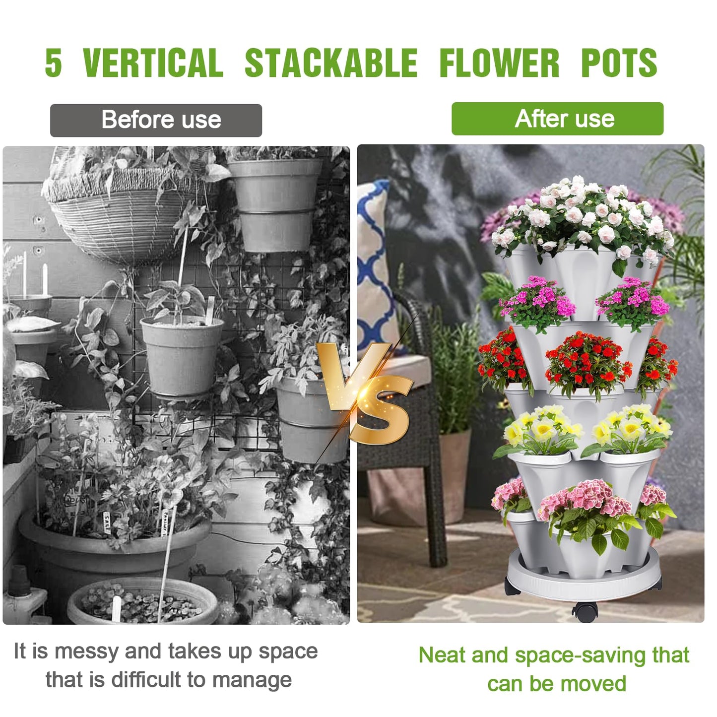 Bociks Vertical Strawberry Planter 5 Tier Stackable Tower Herb Planters-Stacking Garden Outdoor Planter Pot With Tools Mover For Succulents, Vegetables and Flowers