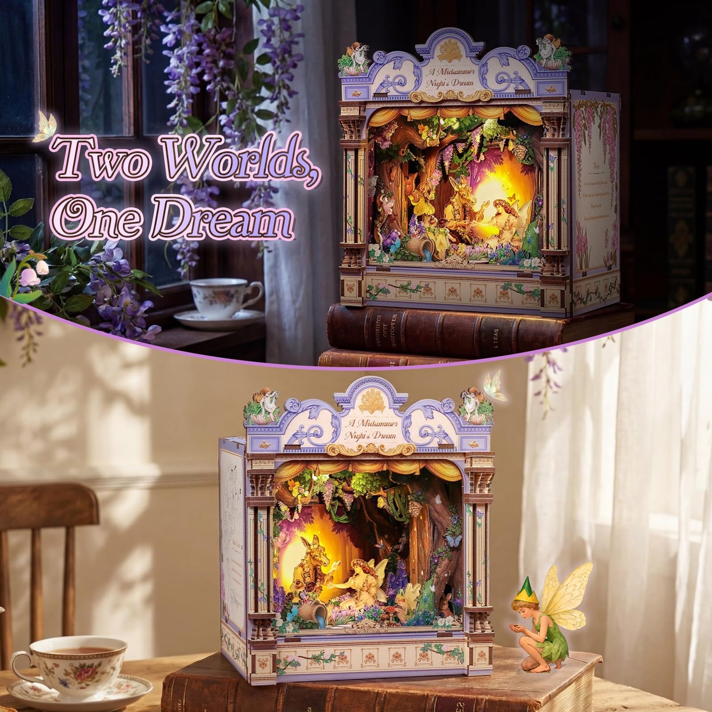 CUTEBEE DIY Miniature House Kit, 3D Wooden Puzzle for Adults, Book Nook Shelf Insert, Shakespeare Literary Gift, Enchanted Forest Miniature Theater Desktop Decor (A Midsummer Night's Dream)