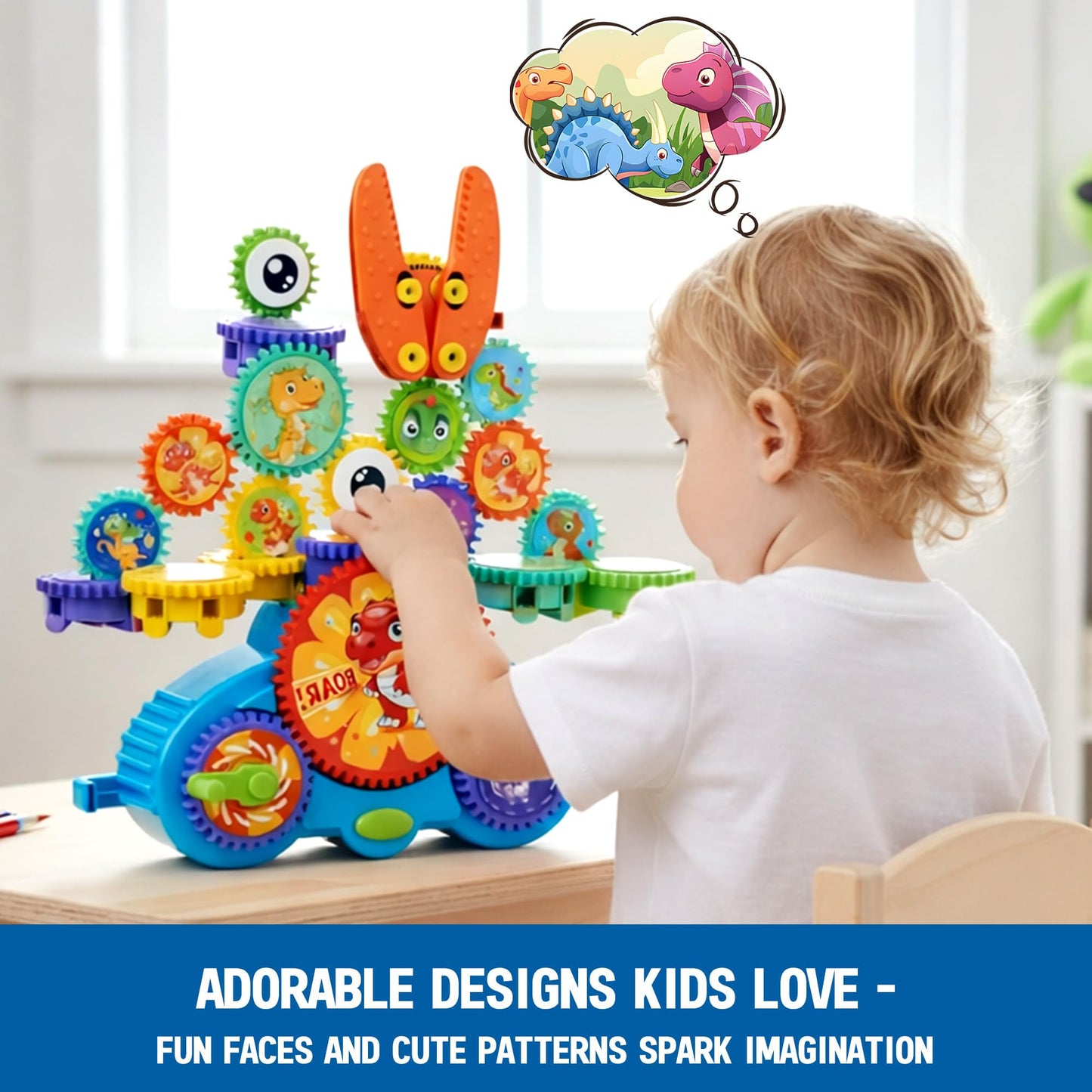 ROHSCE Motorized Gear Building Blocks Toys, Electric Dinosaur Spinning Set Ages 3-6, STEM Construction Kit, Fine Motor Cause-Effect Gift for Boys Girls