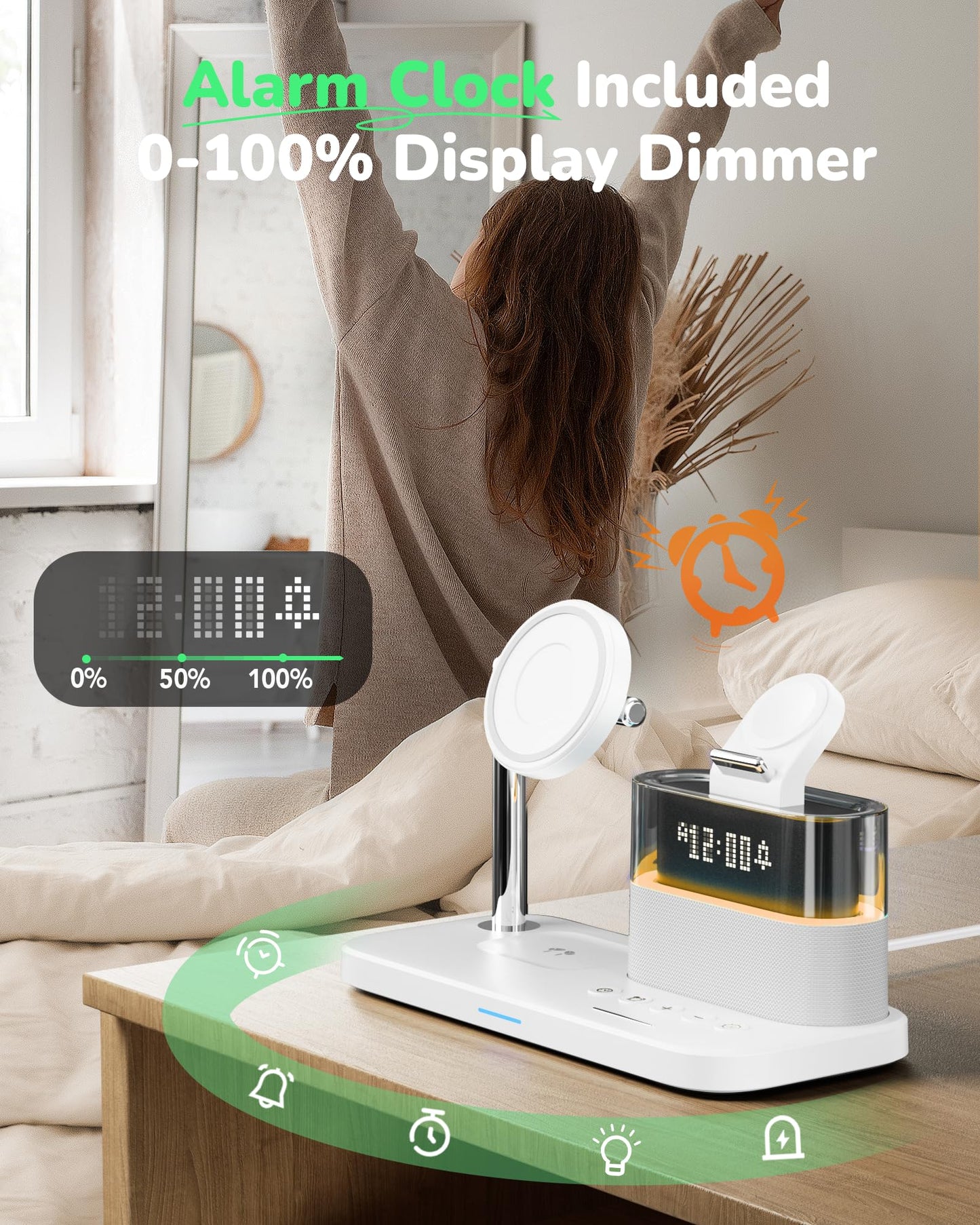 5 in 1 Wireless Charging Station for Apple,Magnetic Charger with Alarm Clock Night Light for Multiple Devices,Nightstand Charging Station Compatible with iPhone 17/16/15/14/13/12,Apple Watch,Air-Pods