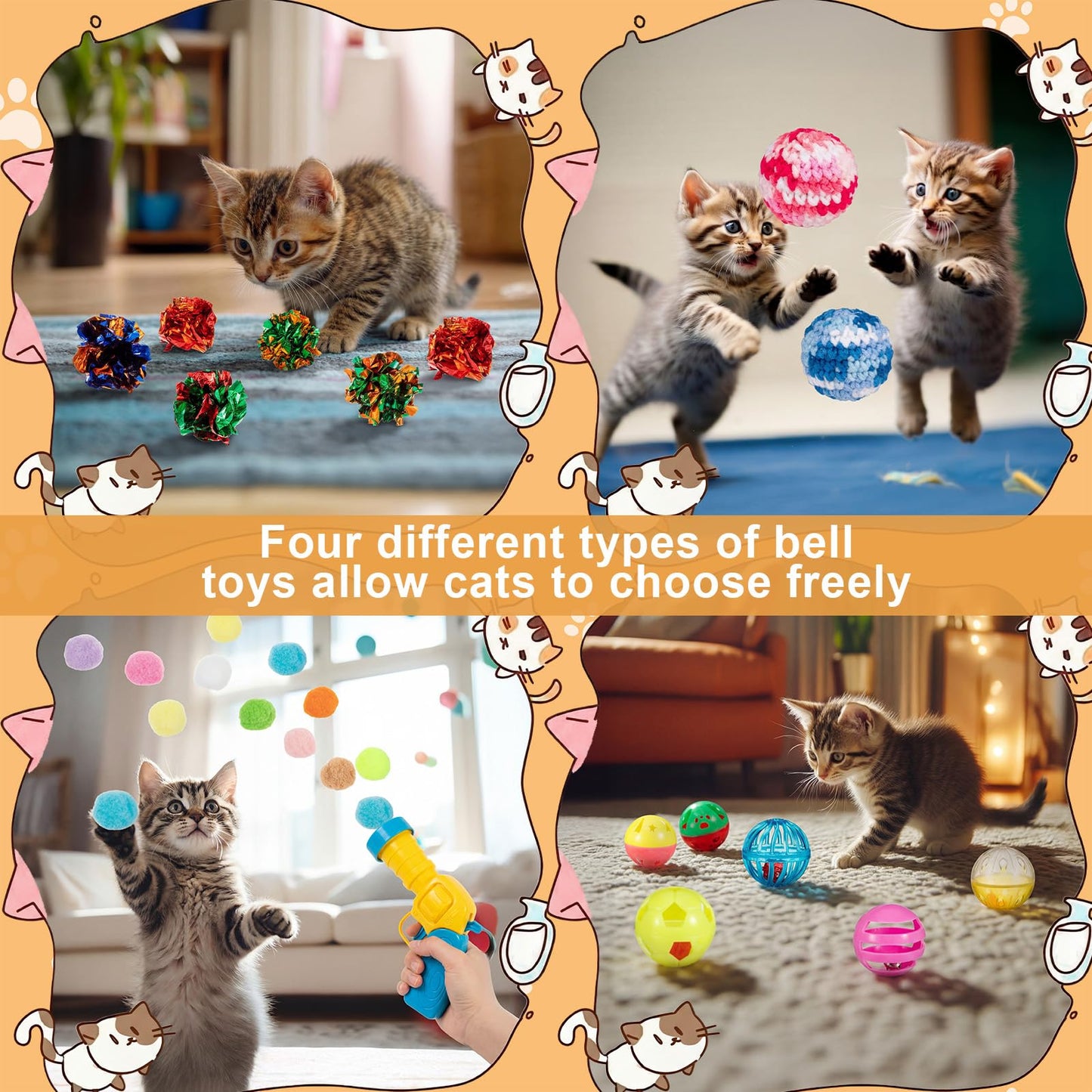 Zopeal 64 Pcs Easter Cat Toy Gift Set Magic Cat Scratcher Board Ball Launcher Gun Crinkle and Yarn and Plastic Bell Ball Kitten Toy with Bow for Pet Interactive Engaging Gift(Bowl Shape)