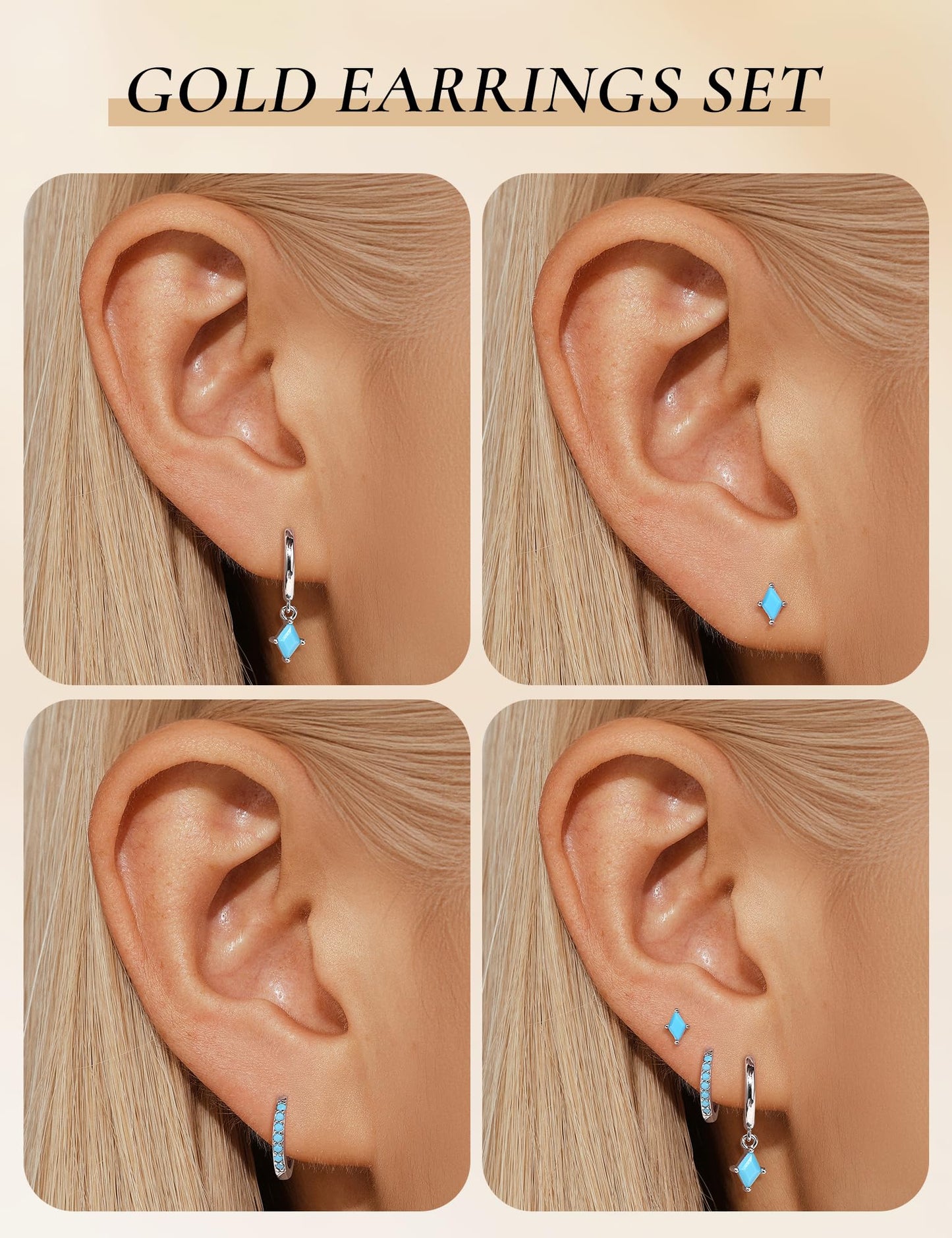 3 Pairs Silver Turquoise Earrings Set for Women, Dainty Sterling Silver Hypoallergenic Turquoise Dangle Hoop Earring, Trendy Small Silvers Earring Stack, Western Earrings Turquoise Jewelry Gifts