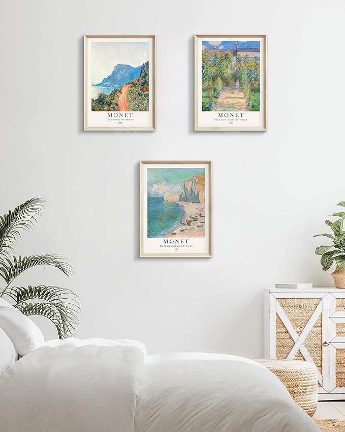 HesenDot Framed Claude Monet Wall Art 3 Piece,12x16in High Framed Design Canvas Prints Wall Decor,Vintage Impressionism Landscape Artwork Poster Home Decoration for Living Room Bedroom Gallery Office