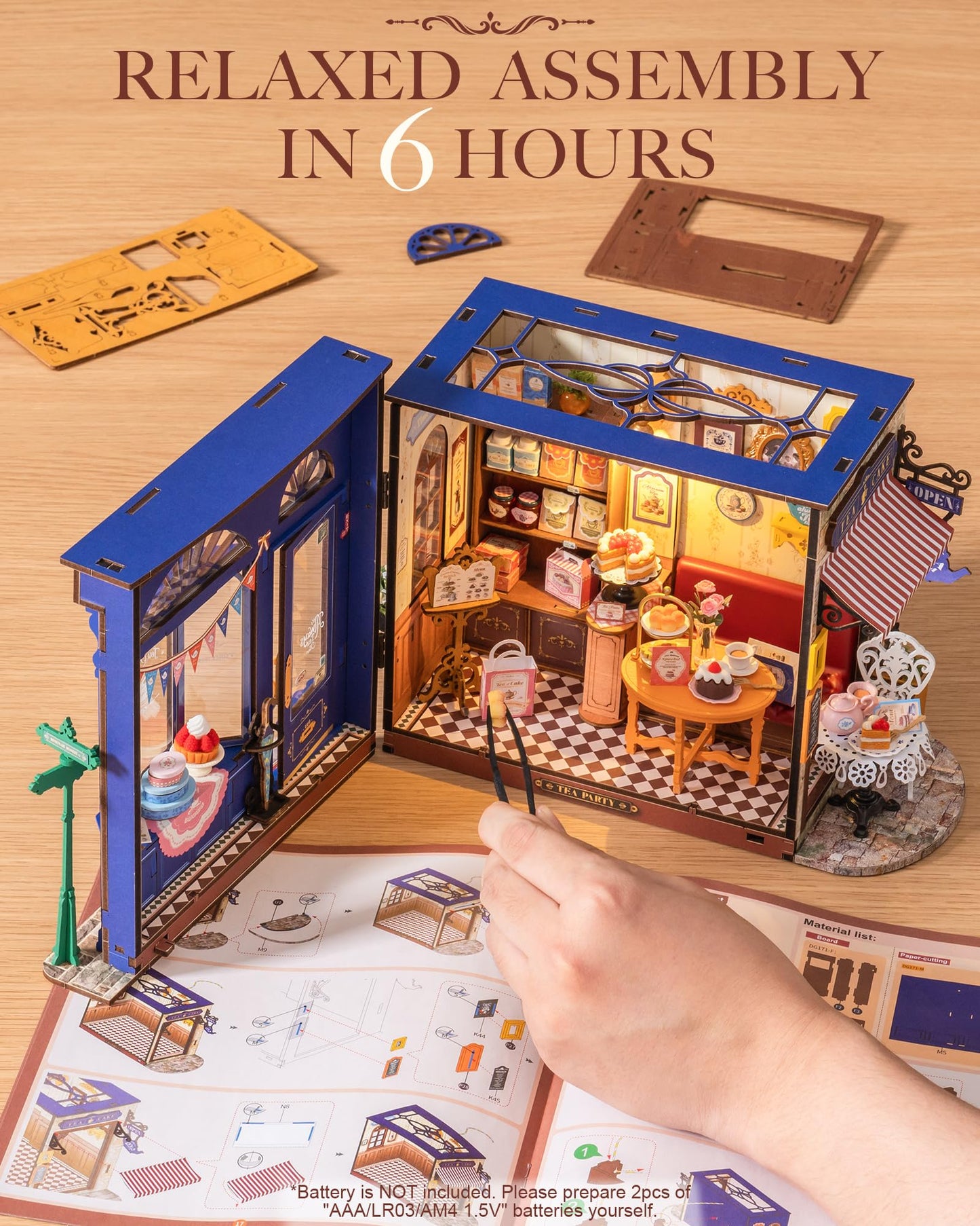 Rolife DIY Miniature House Kit Leisure Tea Time, 3D Book Nook Openable Bookshelf Decor for Adults, Mini Model House Kits, DIY Crafts Kit Halloween for Adults (Leisure Tea Time)
