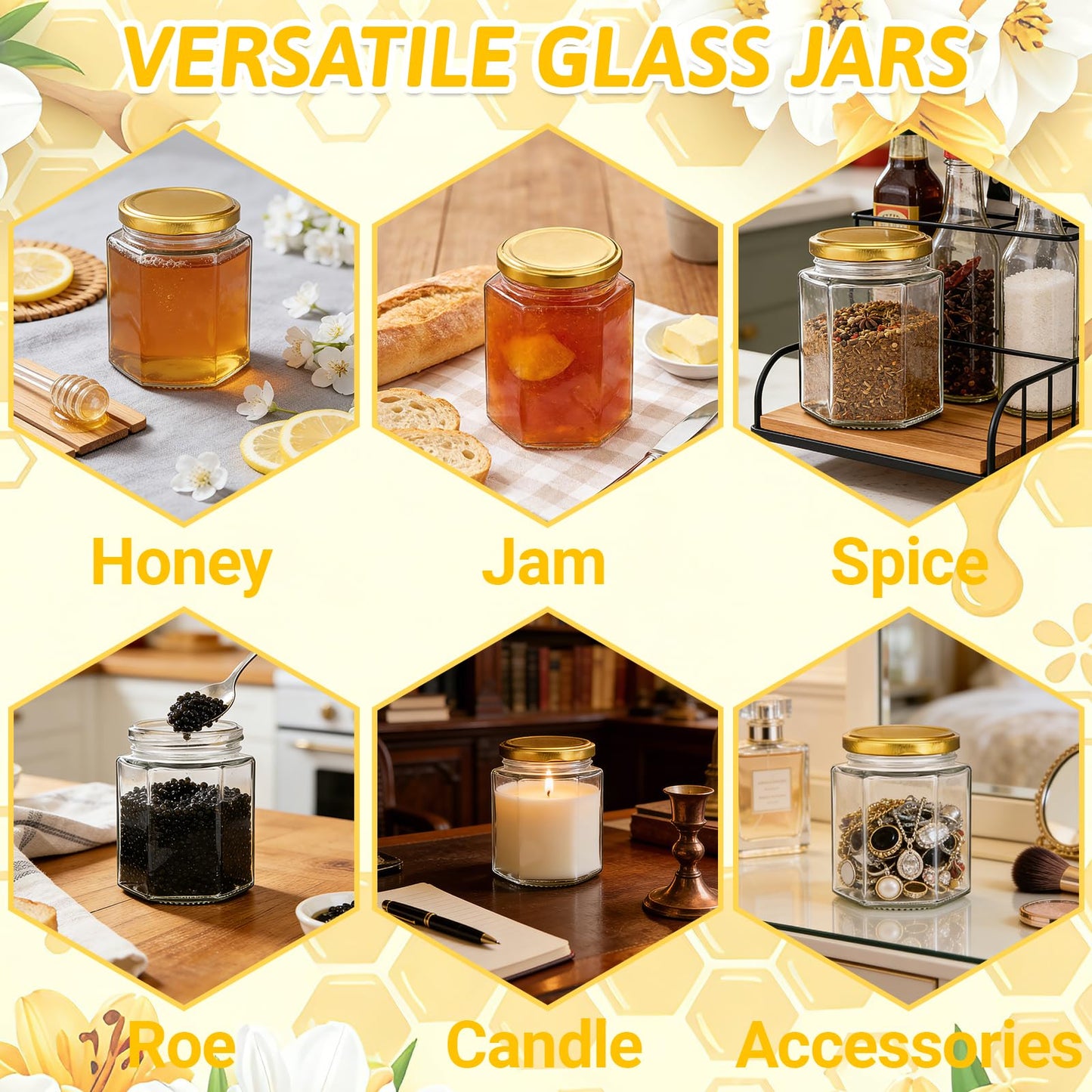 Haneye 6 oz Hexagon Glass Jars with Gold Lids, 30 Pack Honey Jars Canning Jars Small Spice Jars for Jelly, Herb, Jams, Candy, Wedding Favors, Includes Labels and Pen