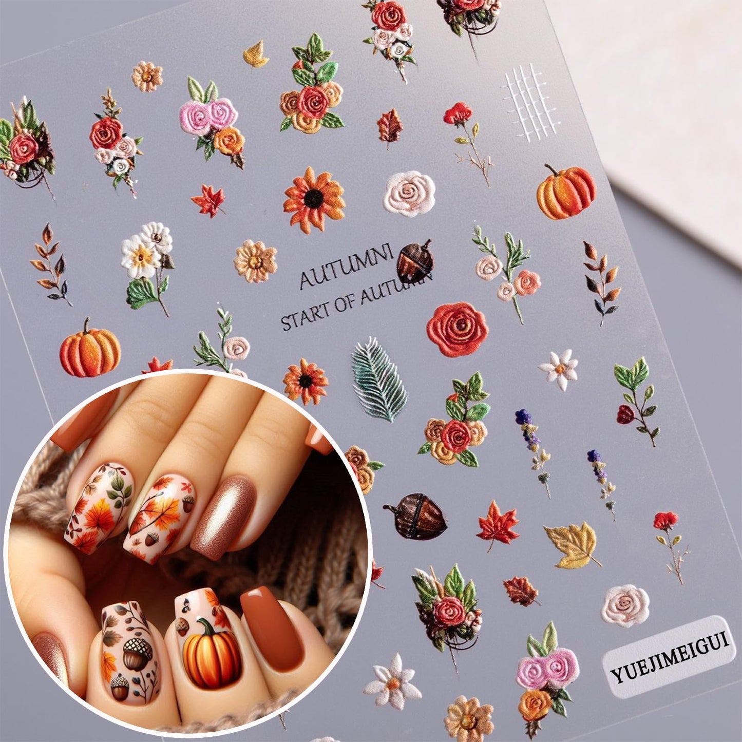 2 Sheets Maple Leaf Nail Art Sticker 5D Embossed Thanksgiving Pumpkin Nail Stickers Pinecone Rose Ginkgo Leaf Design Nail Decals for Women Autumn Manicure Decoration
