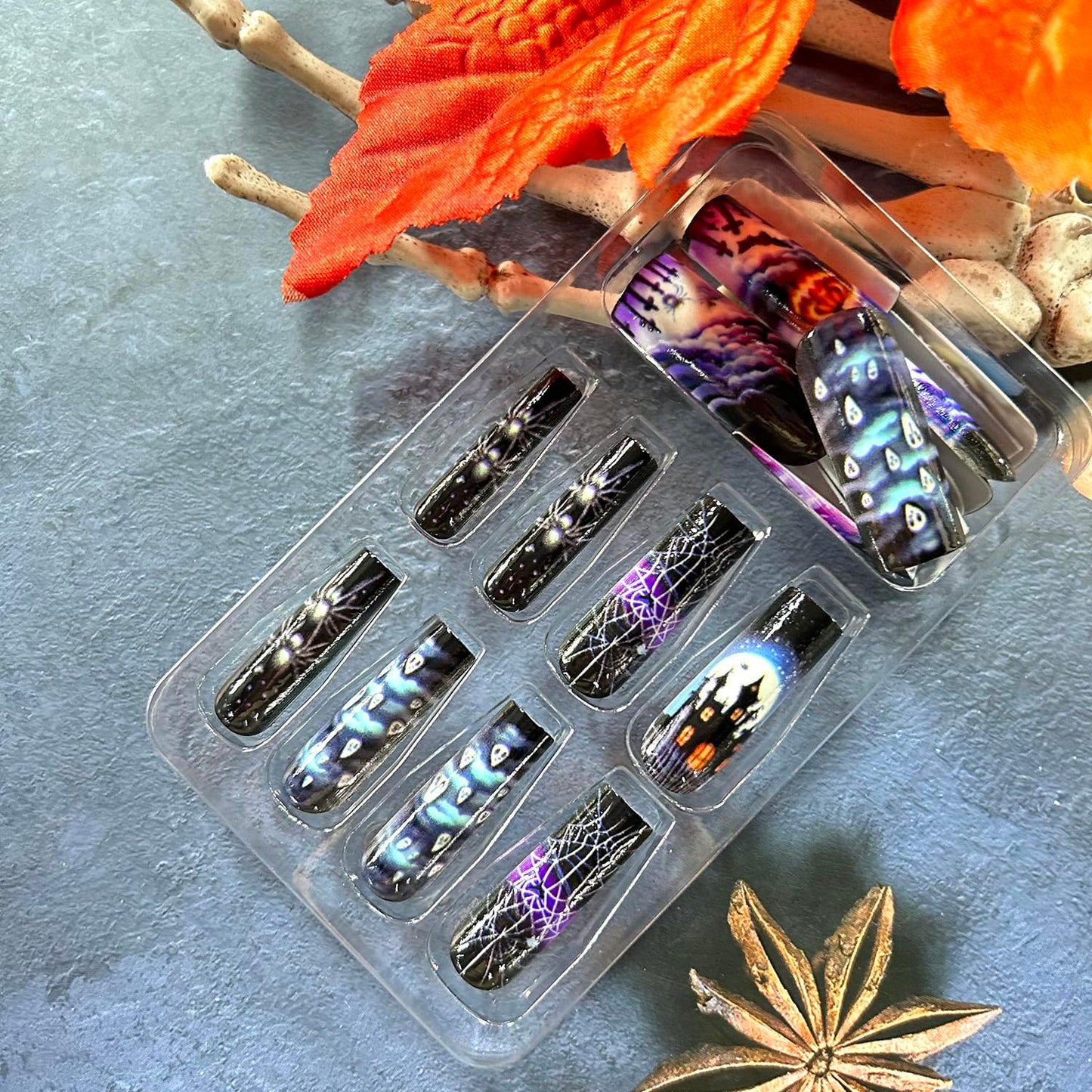 Halloween Press on Nails Long Ballet Shaped Bat Spider Web False Nails Full Cover Artificial Acrylic Fingernails Ghost Pumpkin Design Halloween Nail Glossy Festivla Glue on Nails for Women Supplies