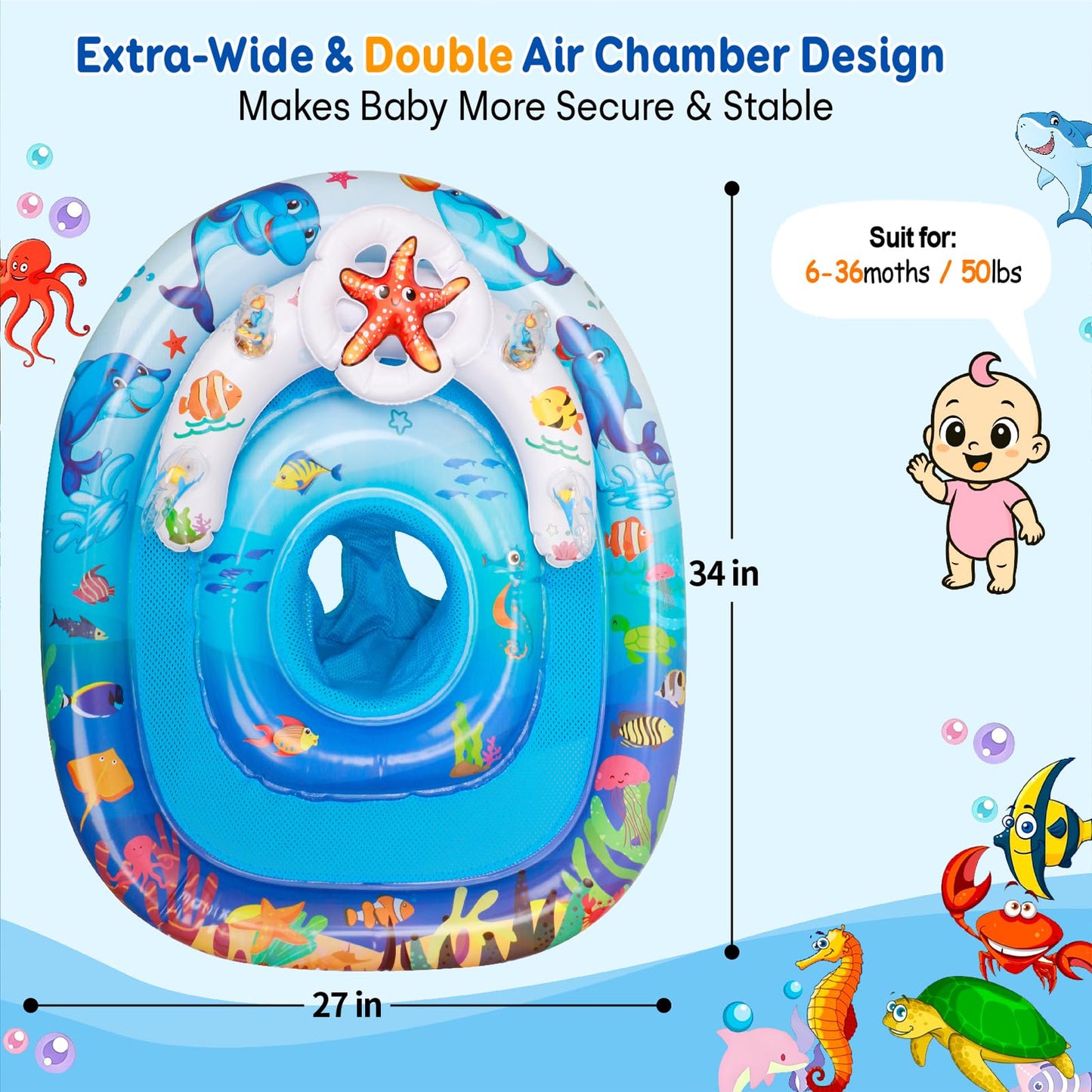 Foxgor Extra Large Baby Pool Float with UPF50+ Canopy, Anti-Flip Double Air Chambers, Adjustable Seat for Infant Toddler 6-36 Months, Ocean Toys | CPC Certified | ASTM F963 | for Pool Beach