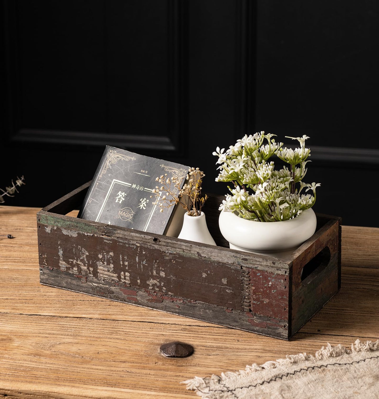 TIMRIS Farmhouse Distressed Wooden Storage Box, Rustic Bathroom Decor Box, Decorative Toilet Tank Basket Nice Butt, Solid Reclaimed Wood Organizer Box with Handles (Random)