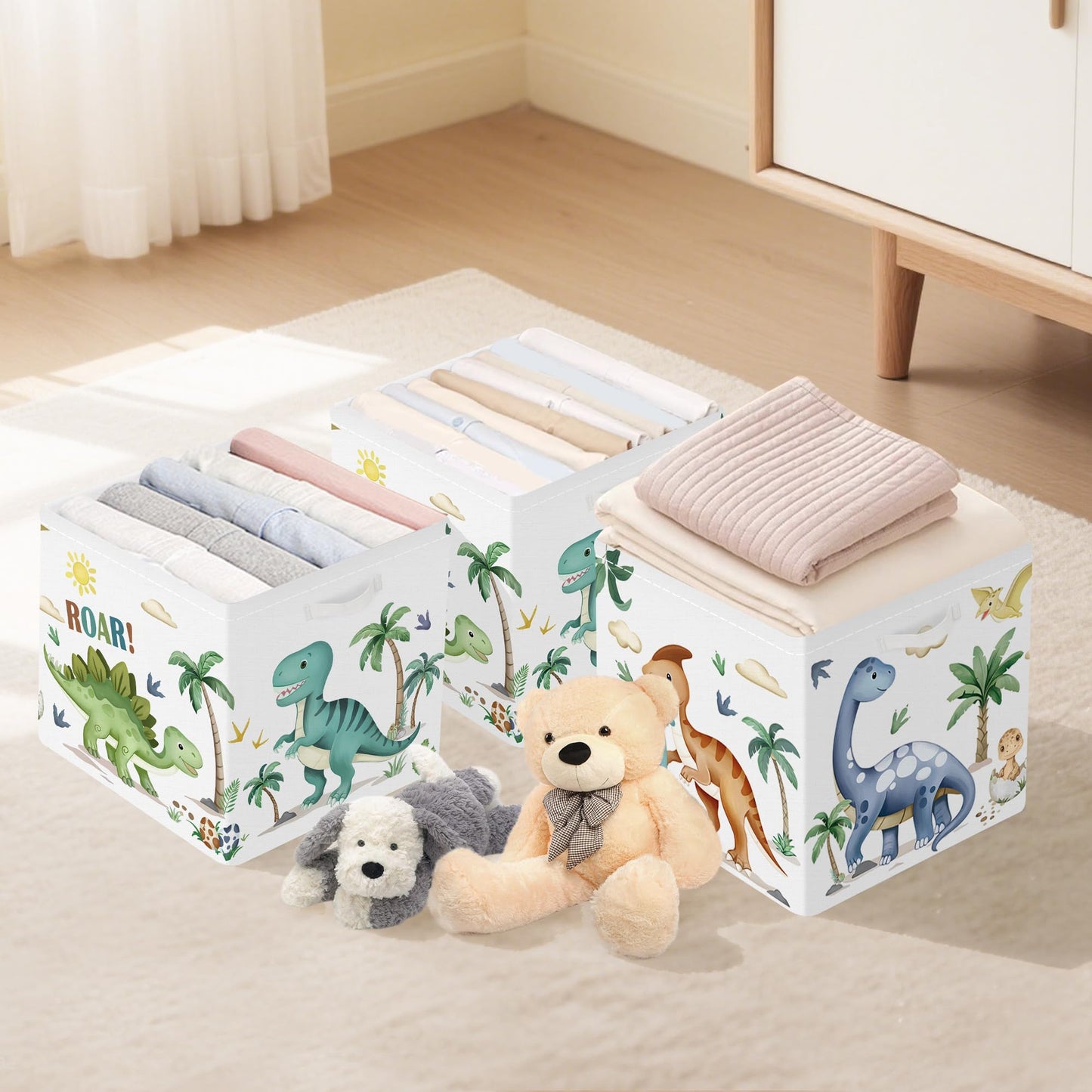 Clastyle 3 Pack 11.8'' Fabric Dinosaur Storage Basket for Shelves Collapsible Closet Organizers with Metal Frame Bottom Board Large Kid Clothes Toy Book Cube Bin for Playroom Bedroom,Boho