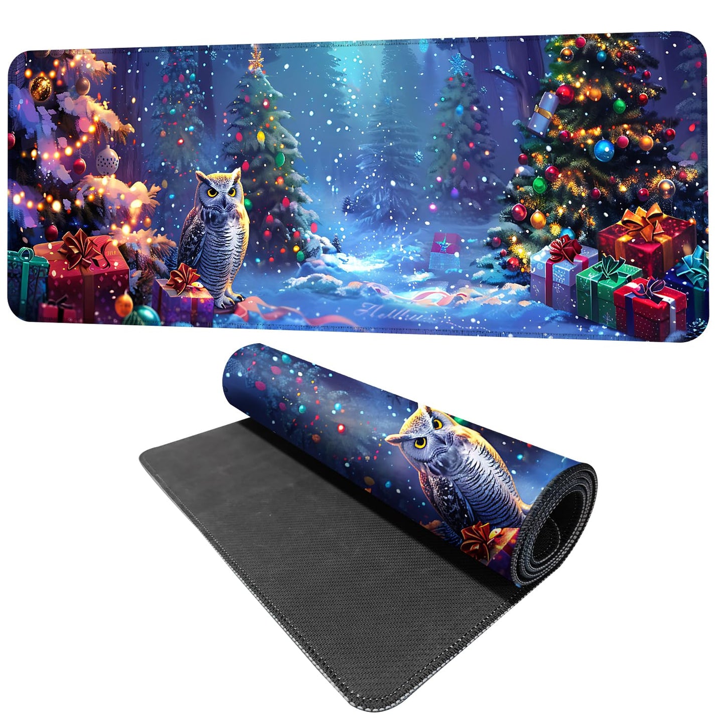 Christmas Owl Mouse Pad XXL – Large Holiday Desk Mat with Forest Gifts and Snow Lights, Extended Non-Slip Mousepad for Office, Gaming, Home Setup, 31.5 x 11.8 in