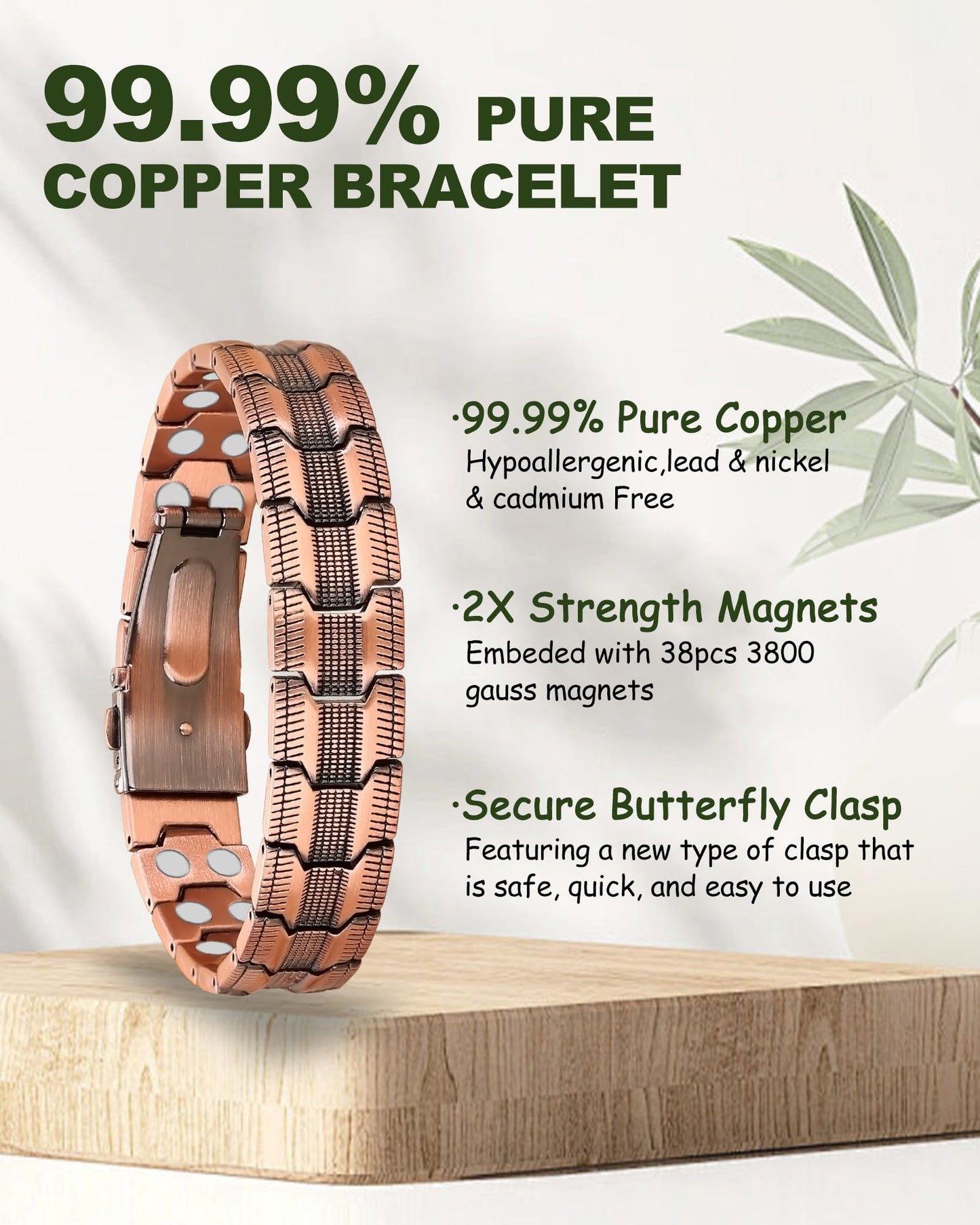 MagEnergy Copper Bracelet for Men, Strength Magnetic Bracelet with 3800 Gauss Magnets, 99.99% Copper, Adjustable Length with Sizing Tool, Premium Fold-Over Clasp