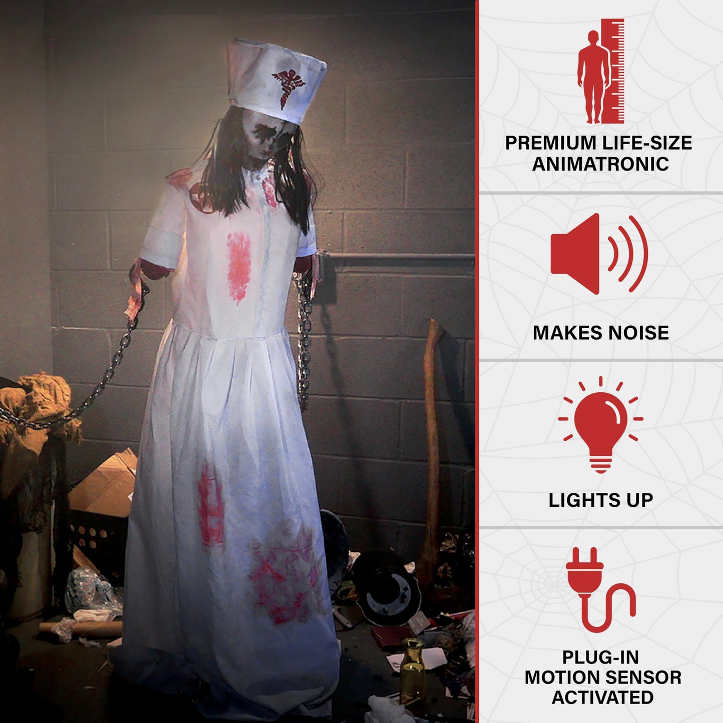 Haunted Hill Farm Life-Size 5.2-Ft Animatronic Convulsing Nurse by Tekky Halloween Decoration with Motion-Activated Sounds