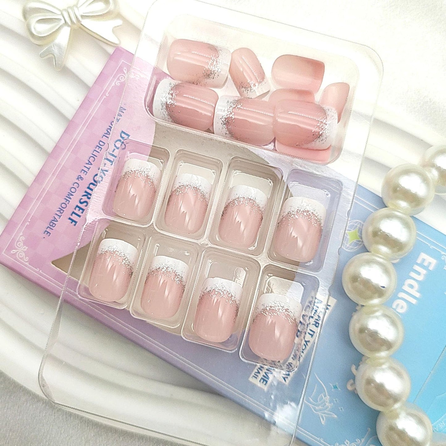 French Tip Press on Nails Short Square Fake Nails with Glitter Designs Nails Press ons Nude White Glue on Nails Glossy Artificial Nails Natural Acrylic Nails Simple Stick on Nails for Women 24Pcs