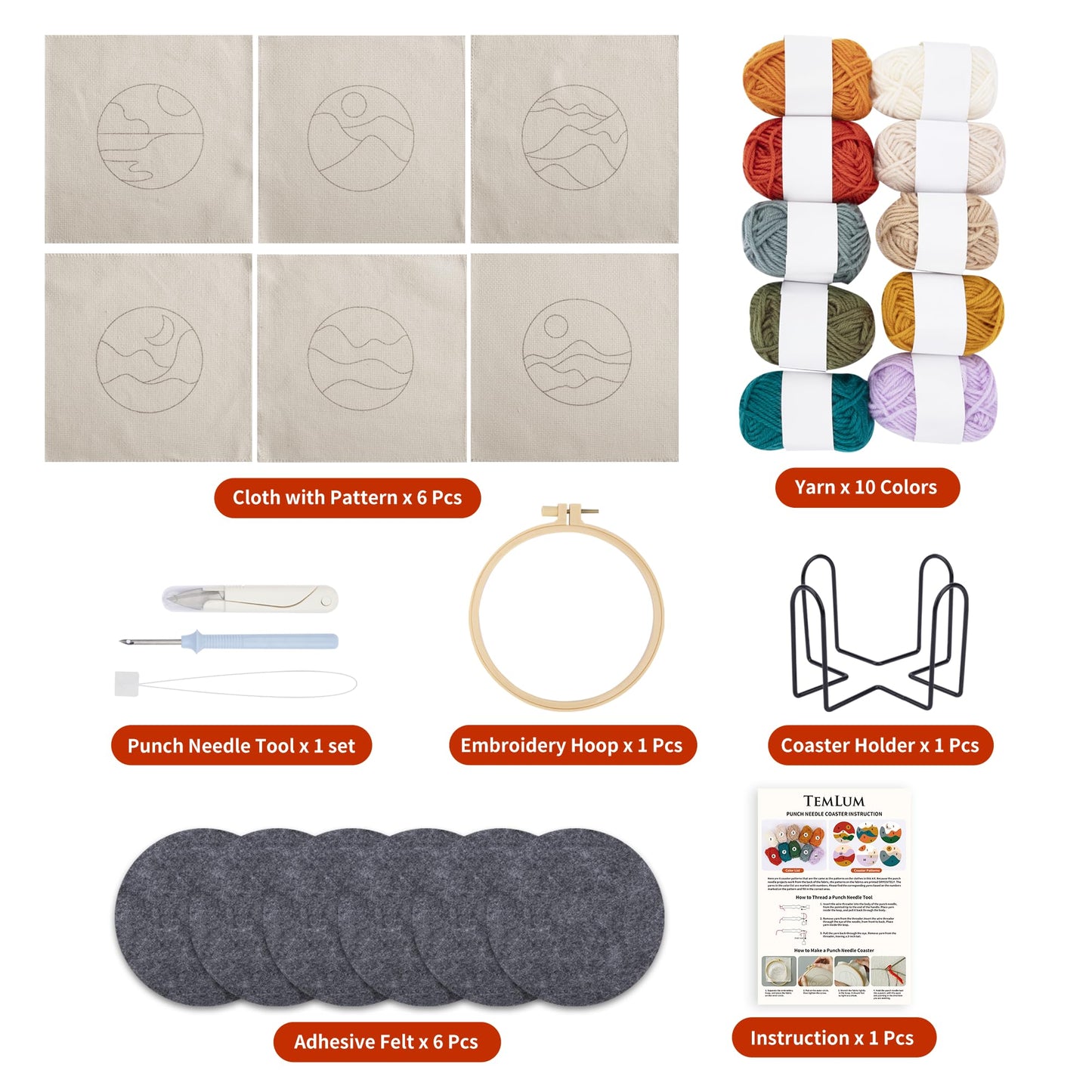 Temlum Punch Needle Coasters Kit, Punch Needle Embroidery Kits for Adults and Beginners - Including Patterns, Tools, Yarns, Hoop, Instruction, Coaster Holder Art Craft Supplies - Landscape