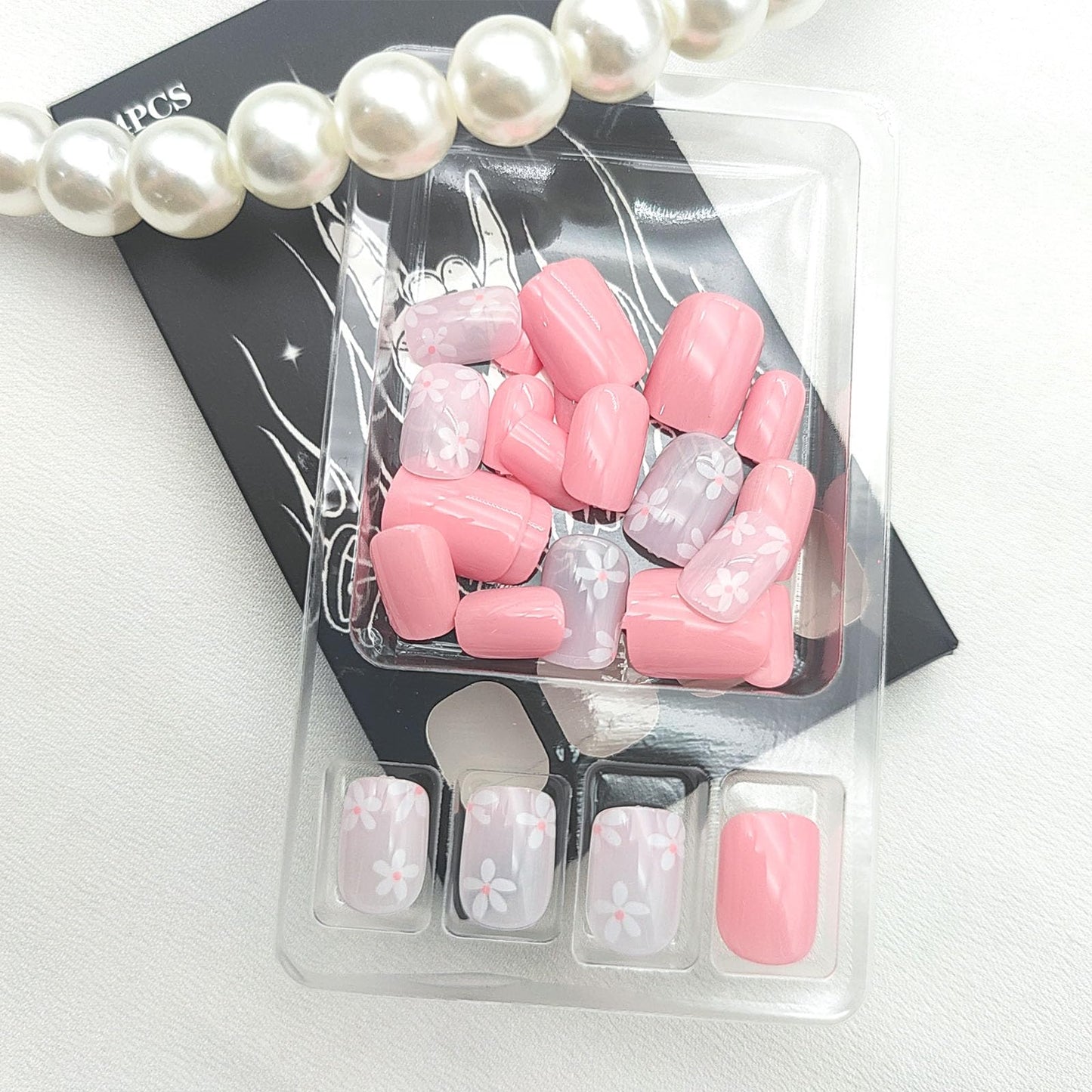 Square Press on Nails Short Fake Nails with Flower Designs Nails Press ons Pink Glue on Nails Glossy Acrylic Nails Simple False Nails Spring Summer Stick on Nails for Women 24 Pcs