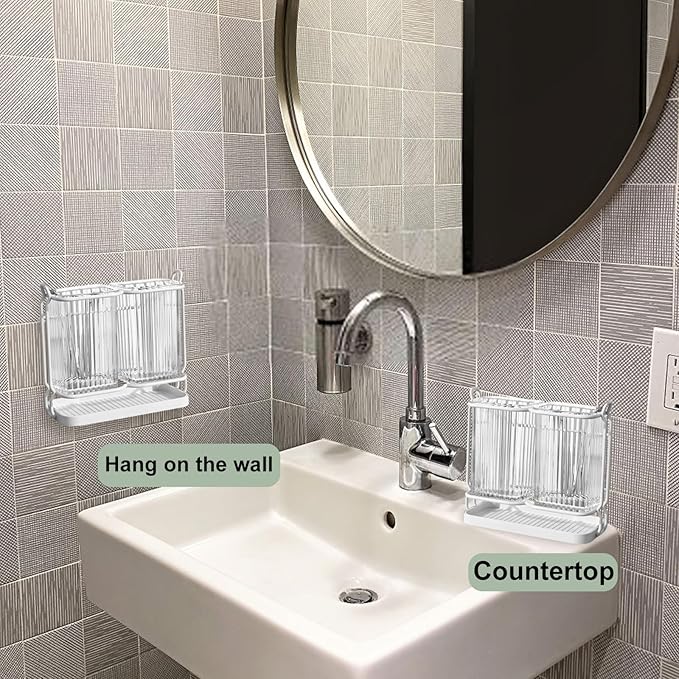 Toothbrush Holders for Bathrooms, 2 Cups Toothbrush Holders Wall Mounted, Dry & Wet Separation, Bathroom Organizers and Storage, Bathroom Toothbrush Holder Set for Family Kids (White)