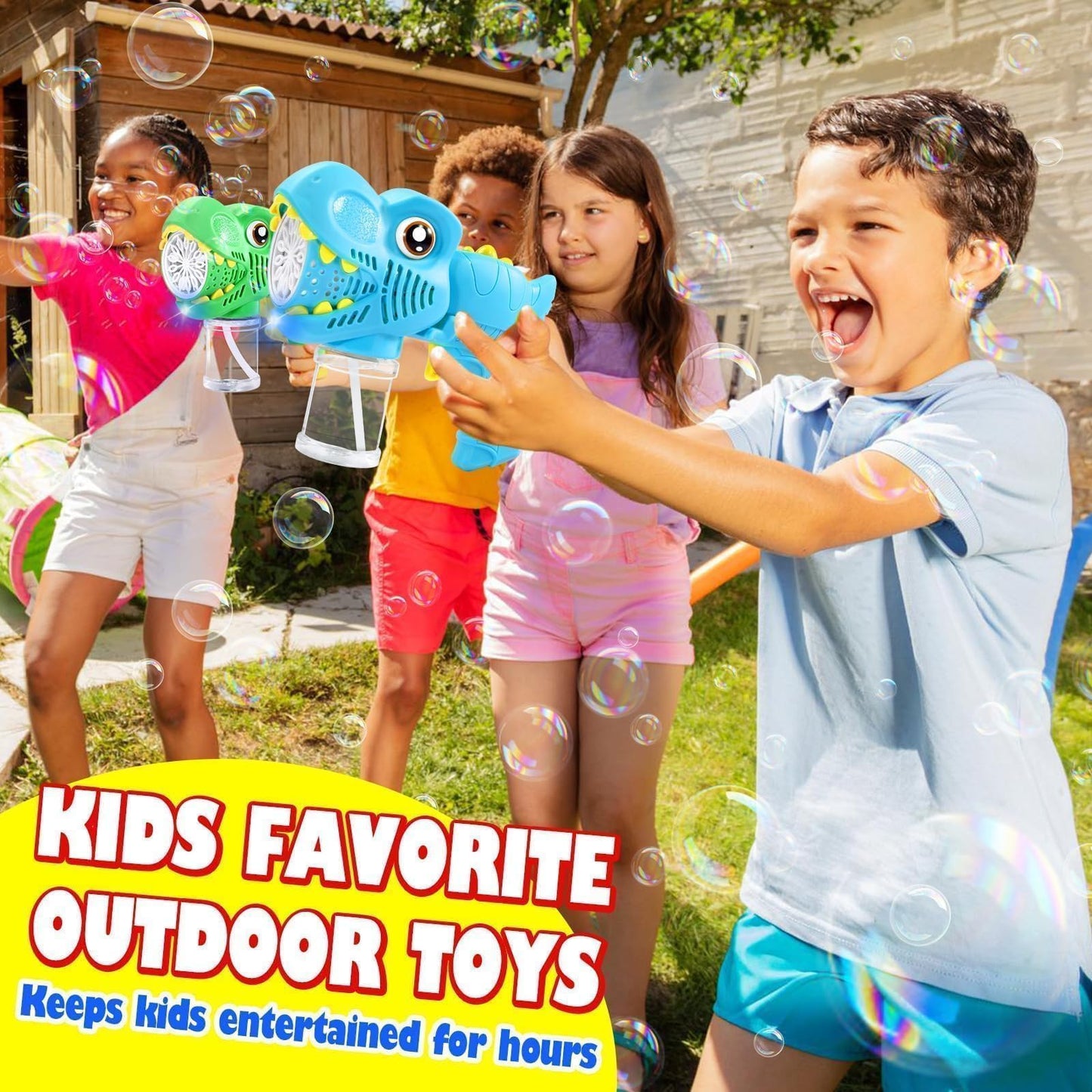 Kids Bubble Gun 2 Pack Dino Bubble Machine Gun for Toddlers with 4 Solutions Outdoor Toys Automatic 13-Hole Bubbles for Kids Blower Maker Easter Basket Stuffers Valentines Gift Party for Boys Girls