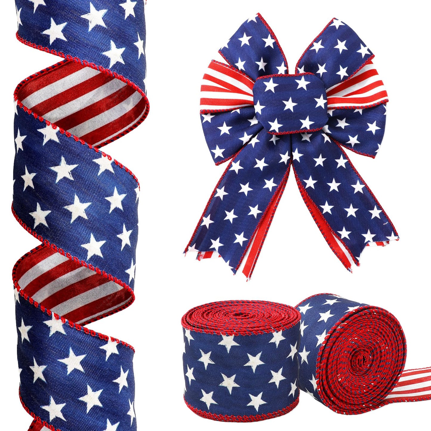 JarThenaAMCS 2 Rolls Patriotic Wired Edge Ribbon Double Sided 4th of July Red White Blue Star Stripe Fabric Ribbon for Independence Memorial Day Gift Wreath Bow Craft Wrapping Party Decor, 20 Yard