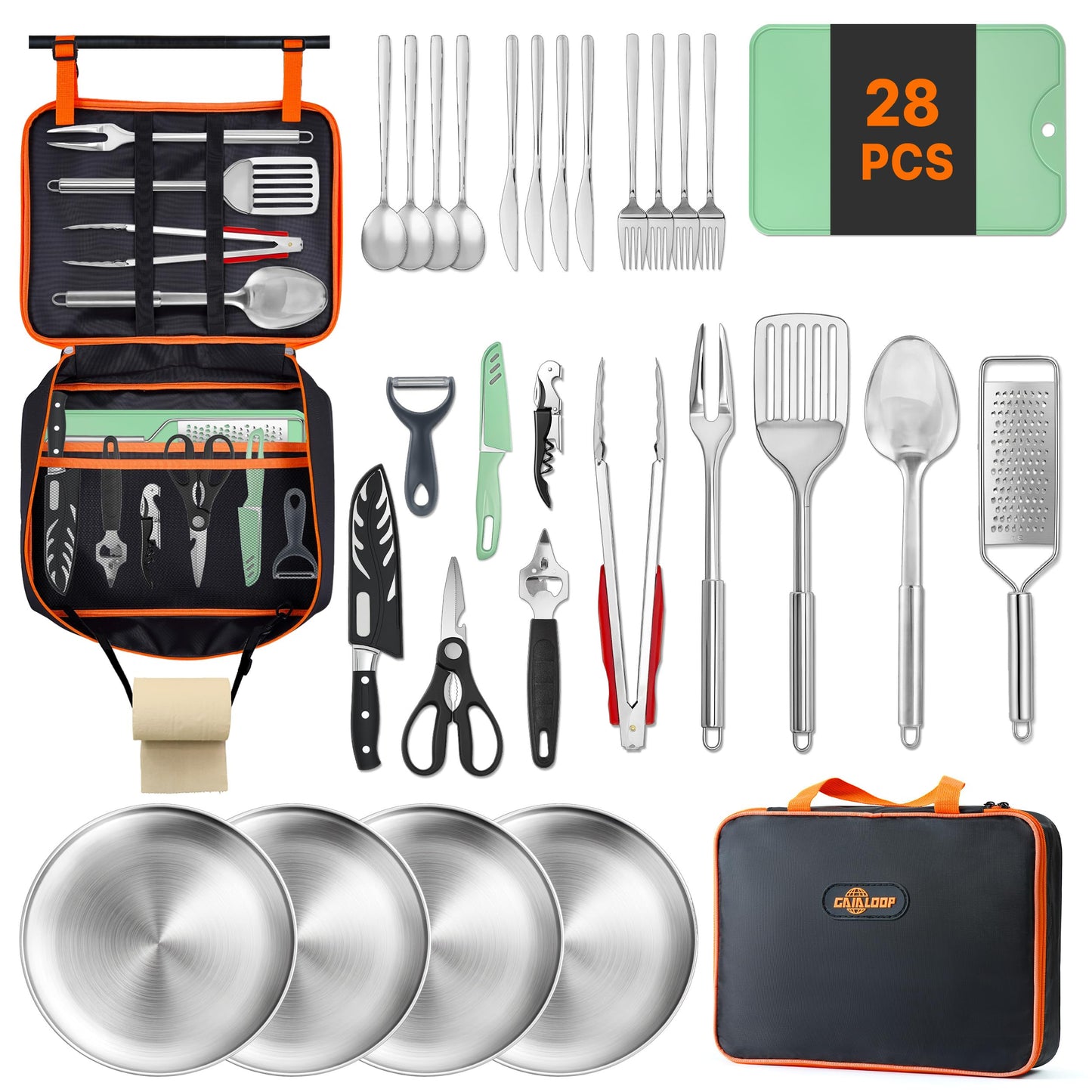 GAIALOOP Portable Camping Cooking Utensils Set 28PCS, Camp Kitchen Set with Plates and Camping Cutlery Set, RV Essentials Cooking Equipment, Outdoor BBQ Cooking Utensil Kit with Organizer Bag