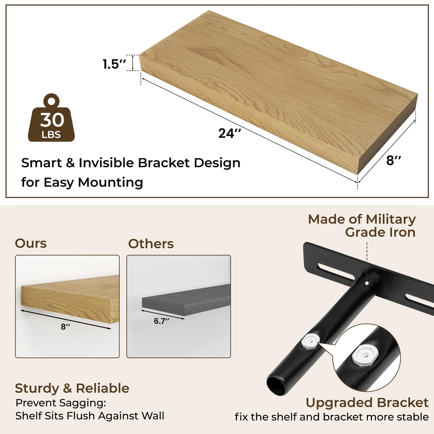 RICHFOCUS 24Inch Floating Shelves for Wall 2 Pack Shelves for Bedroom|Kitchen|Bathroom Wall Mounted Rustic Wood Floating Shelf with Invisible Brackets for Books|Storage|Decor, Oak