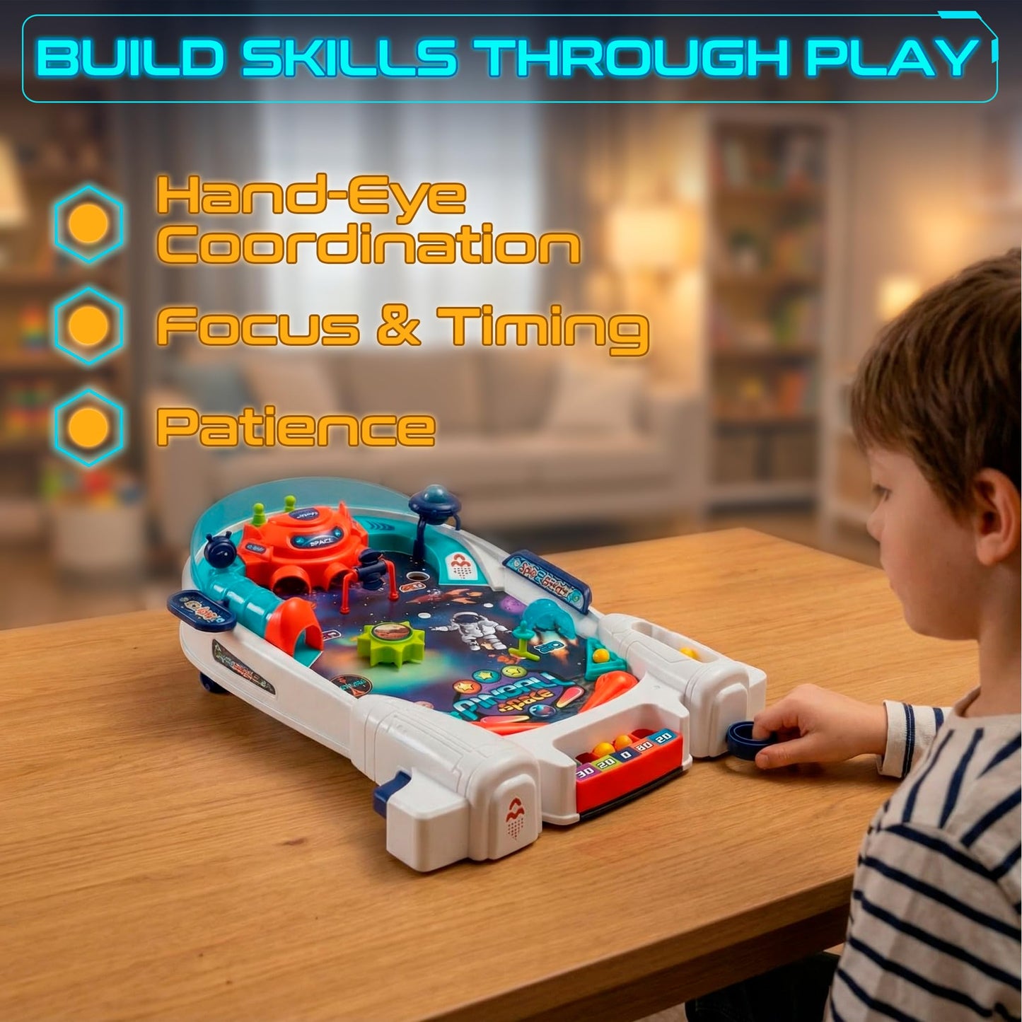 OLEOCA Space Pinball Machine — Tabletop Arcade Game with Obstacles, Pull-Rod Launcher, Flippers, UFO Targets & Astronaut Theme, 1-2 Player Mini Pinball for Kids