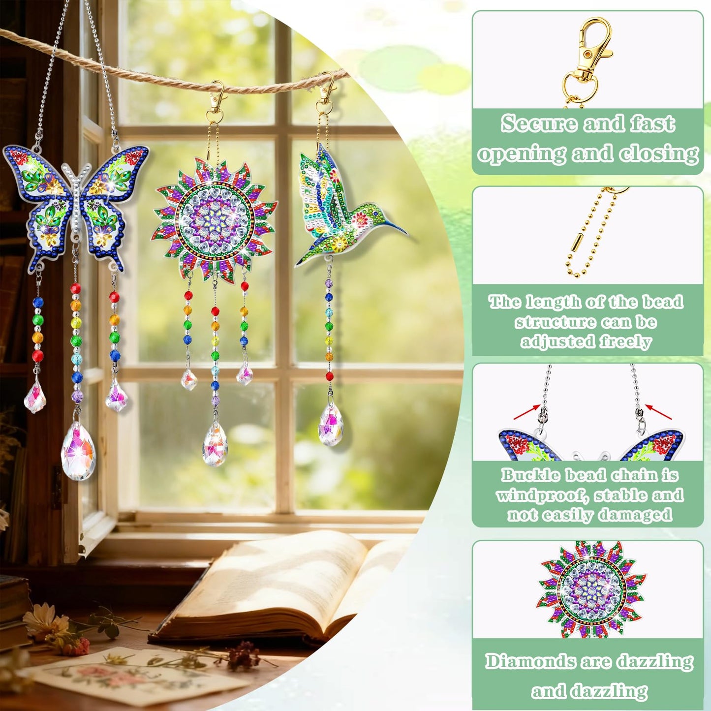 DIY Diamond Art Painting Kits for Adults Wind Chime Suncatcher Hummingbird Craft Kit Home Window Garden Decor Gift