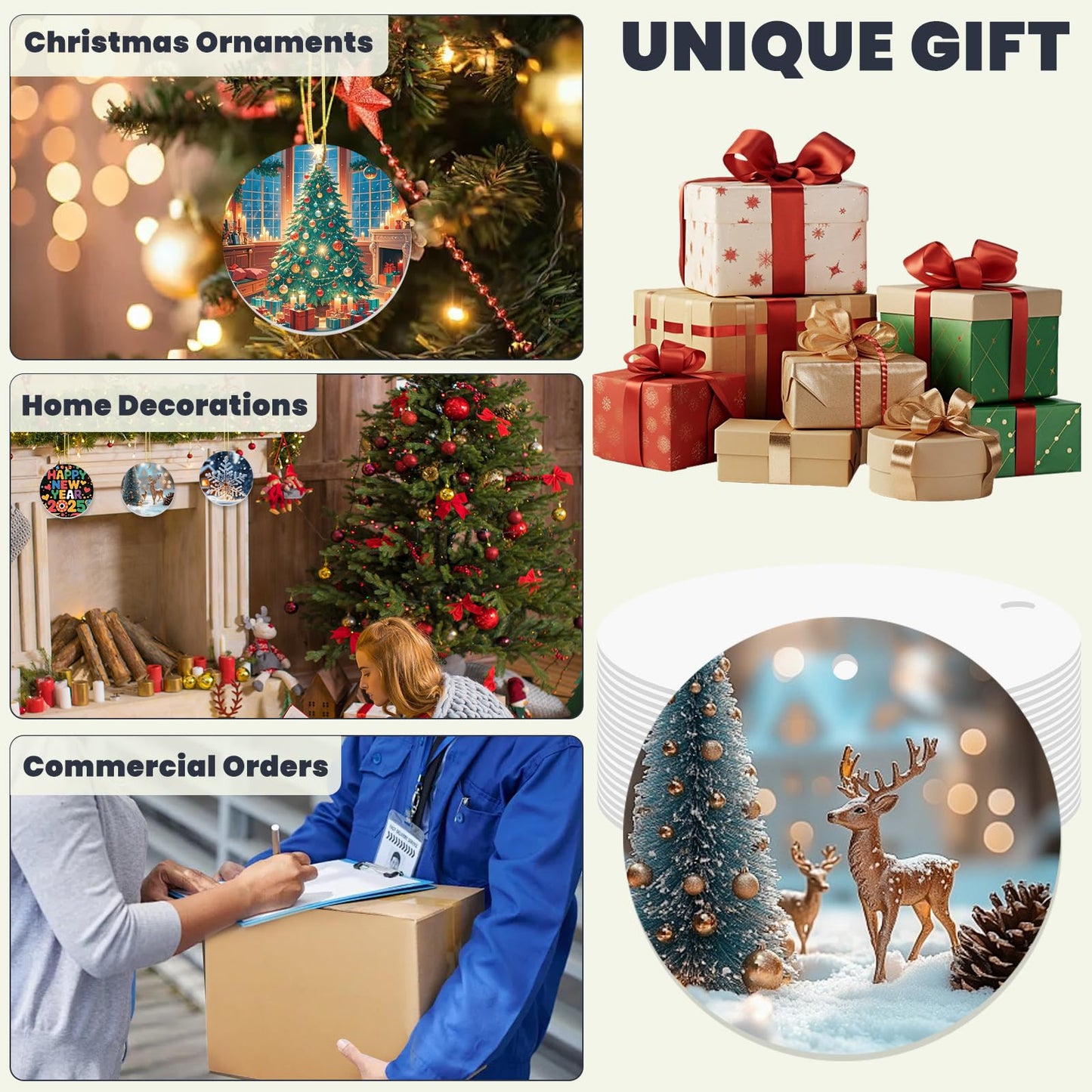 AceSubli 36 Pcs Metal Sublimation Ornament Blanks Bulk Double Sided, Aluminum Sublimation Christmas Ornament Blanks, Round Christmas Sublimation Blanks with Strings for Gifts Christmas Tree Home Decor