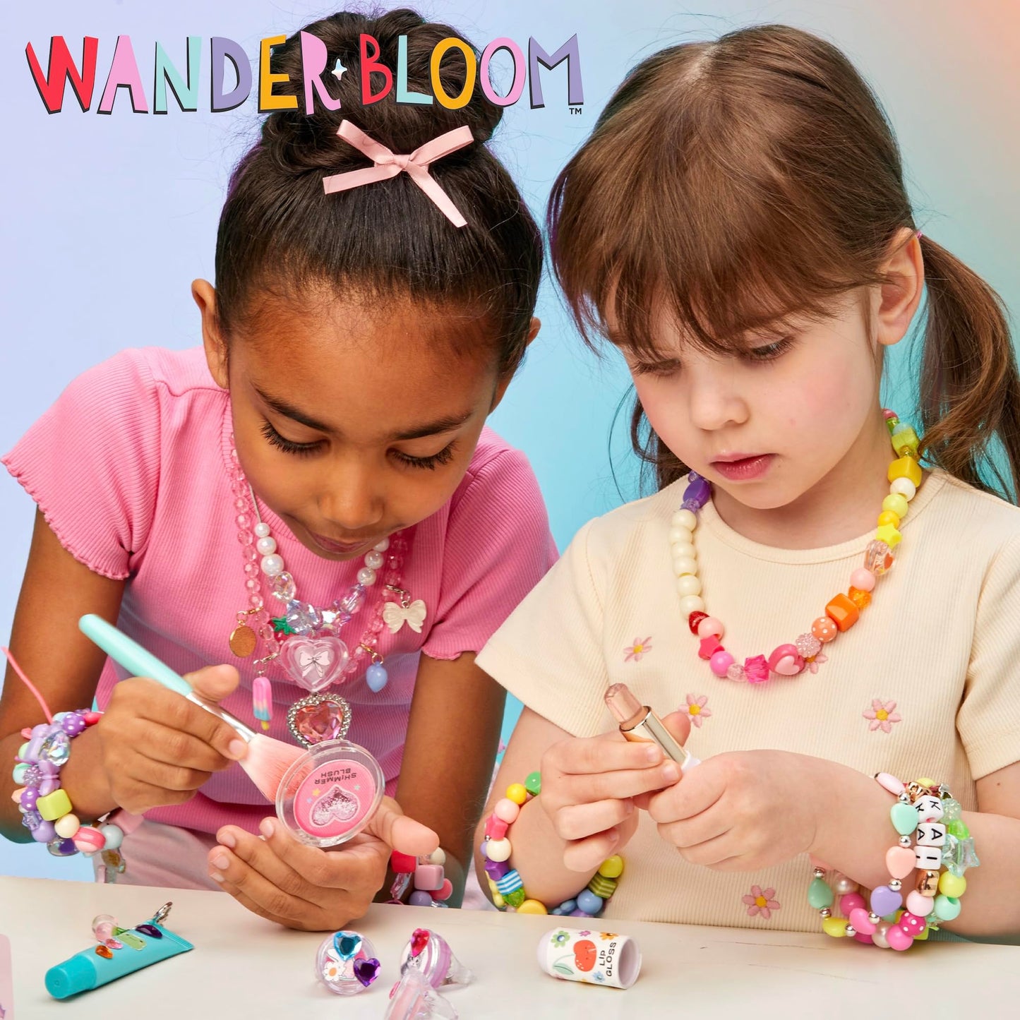 Wander Bloom Beauty Playset, Kids Makeup Kit with Over 85 Pieces, Including Press-On Nails, Lip Balm, Blush, and Face Gems, Pretend Dress-Up Toy for Girls