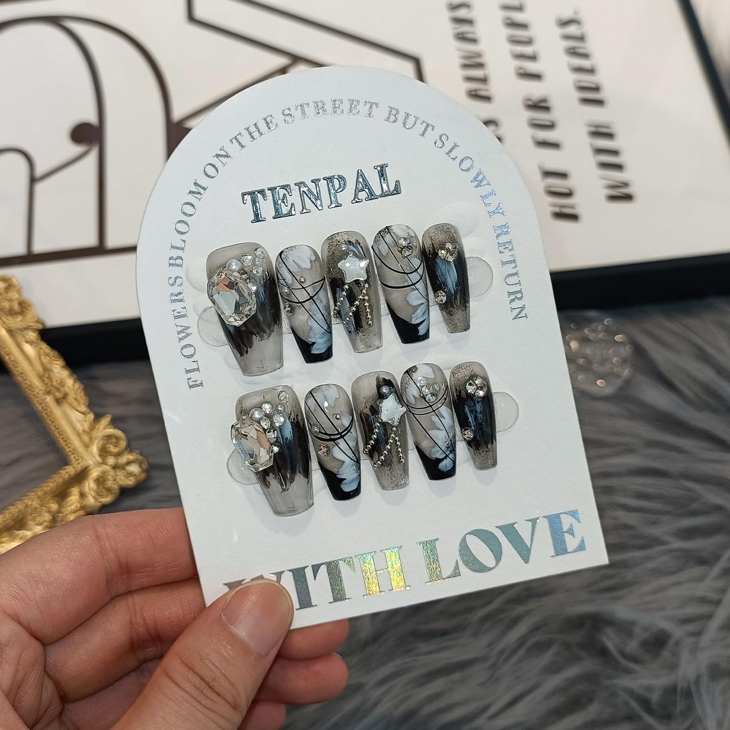 TENPAL 10PCS Gothic Coffin Press on Nails with Tools Kit - Black French Tips Fake Nails with Oriental Chain & Crystal Design | Dark Rebel Glue on Nails Medium | Icy Dark Elegant Chinese Style Nails(S)