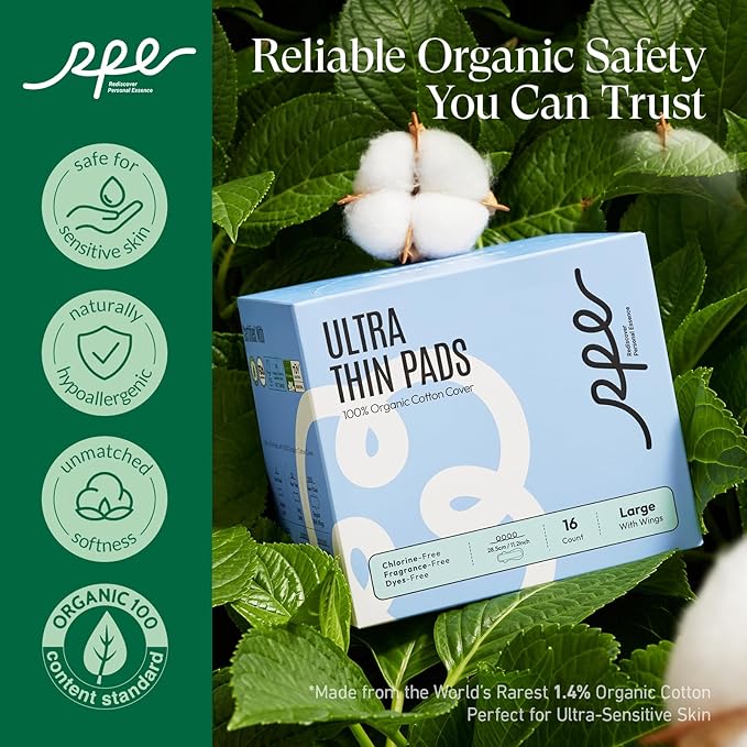 100% Large Organic Pads for Women, Ultra Thin Heavy Flow Sanitary Pad with Wings, Unscented Cotton Pads Menstrual, Super Absorbency Feminine Pad Extra Coverage Period (Large, Size 4, 16ct)