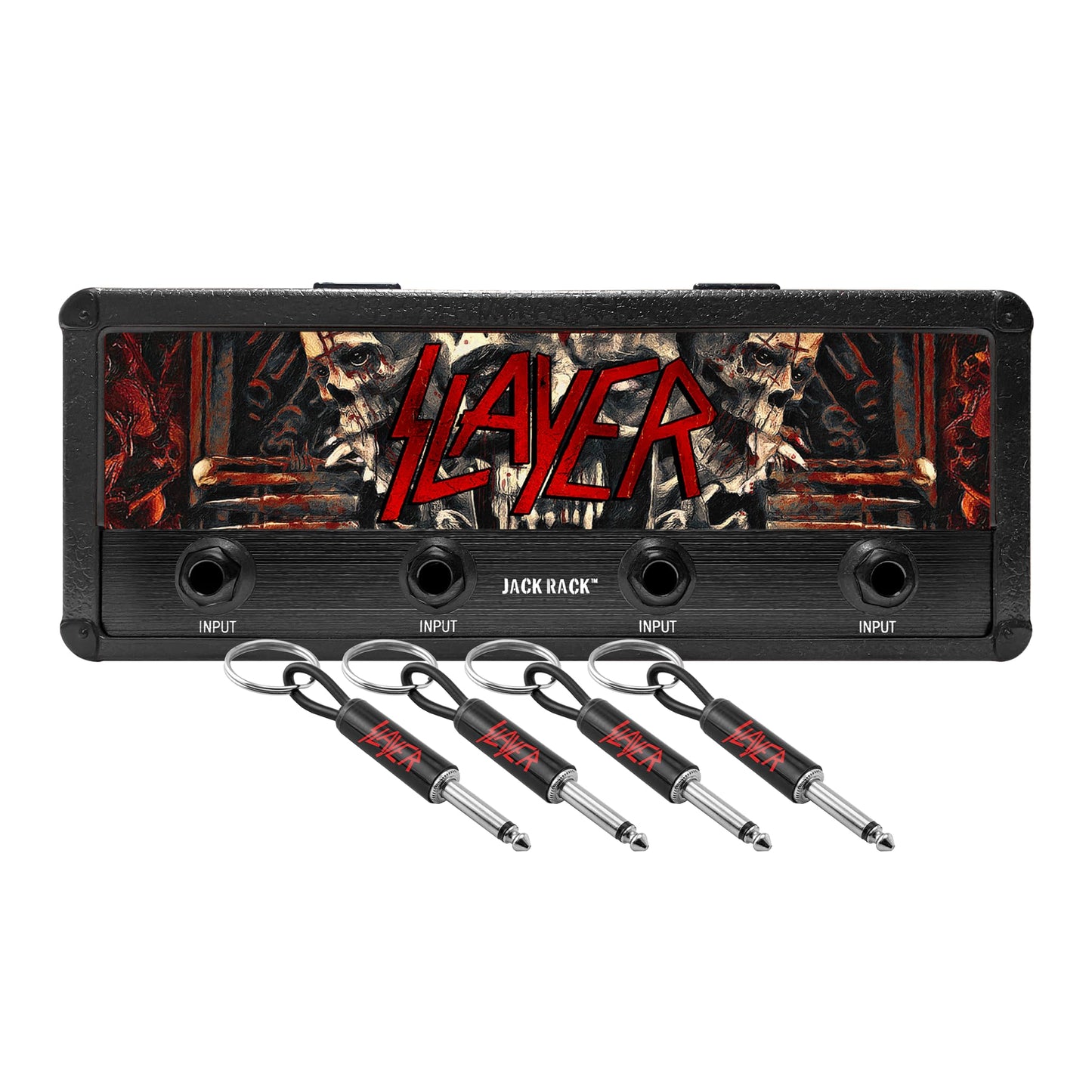 P Pluginz Jack Rack Wall mounting Key Hanger. Includes 4 Guitar Plug Keychains and Wall mounting Hardware. (Slayer)